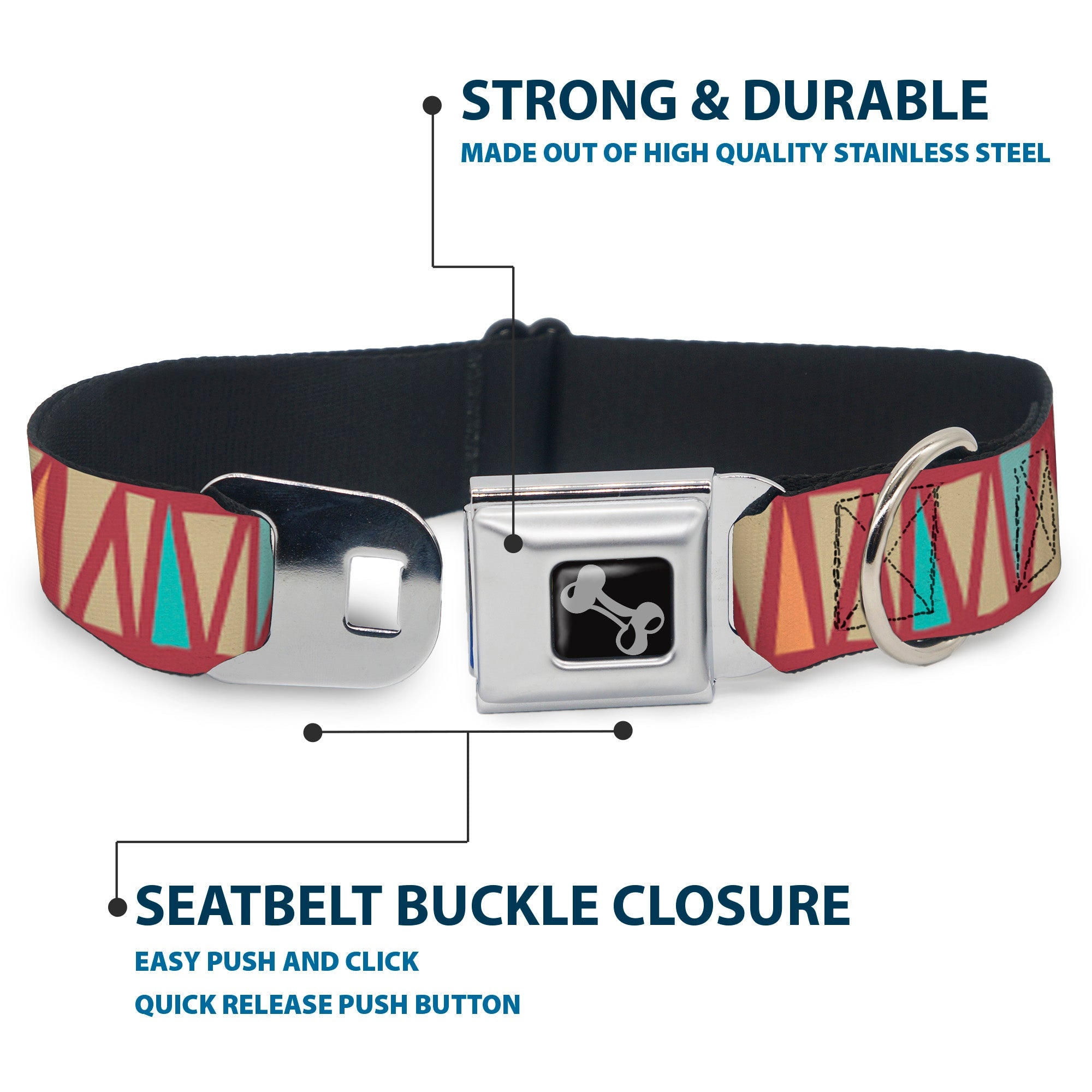 Dog Bone Seatbelt Buckle Collar - Zig Zag Doodle Red/Tan/Blues/Orange