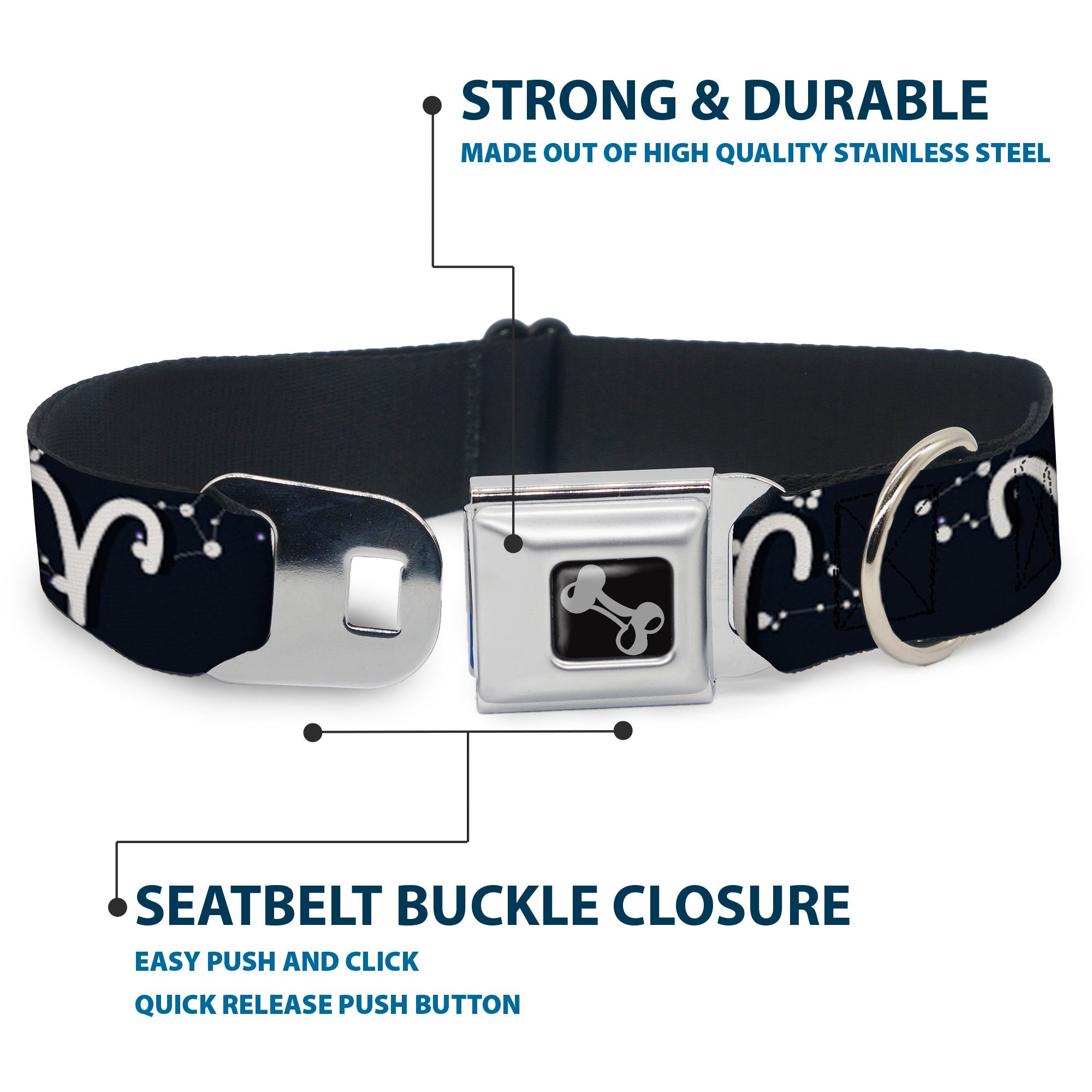 Dog Bone Seatbelt Buckle Collar - Zodiac Aries Symbol/Constellations Black/White