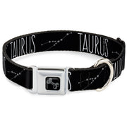 Dog Bone Black/Silver Seatbelt Buckle Collar - Zodiac TAURUS/Constellation Black/White