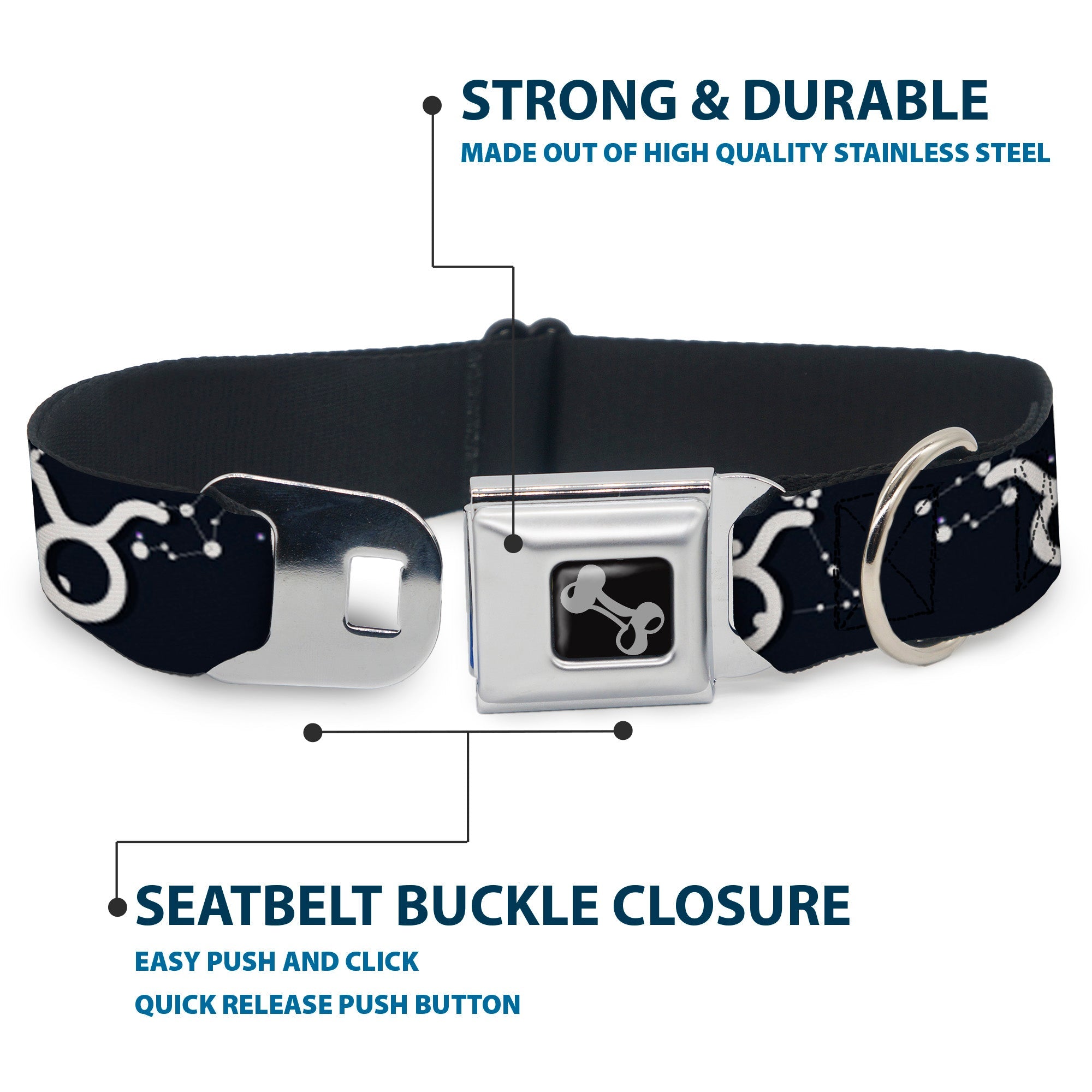 Dog Bone Seatbelt Buckle Collar - Zodiac Taurus Symbol/Constellations Black/White