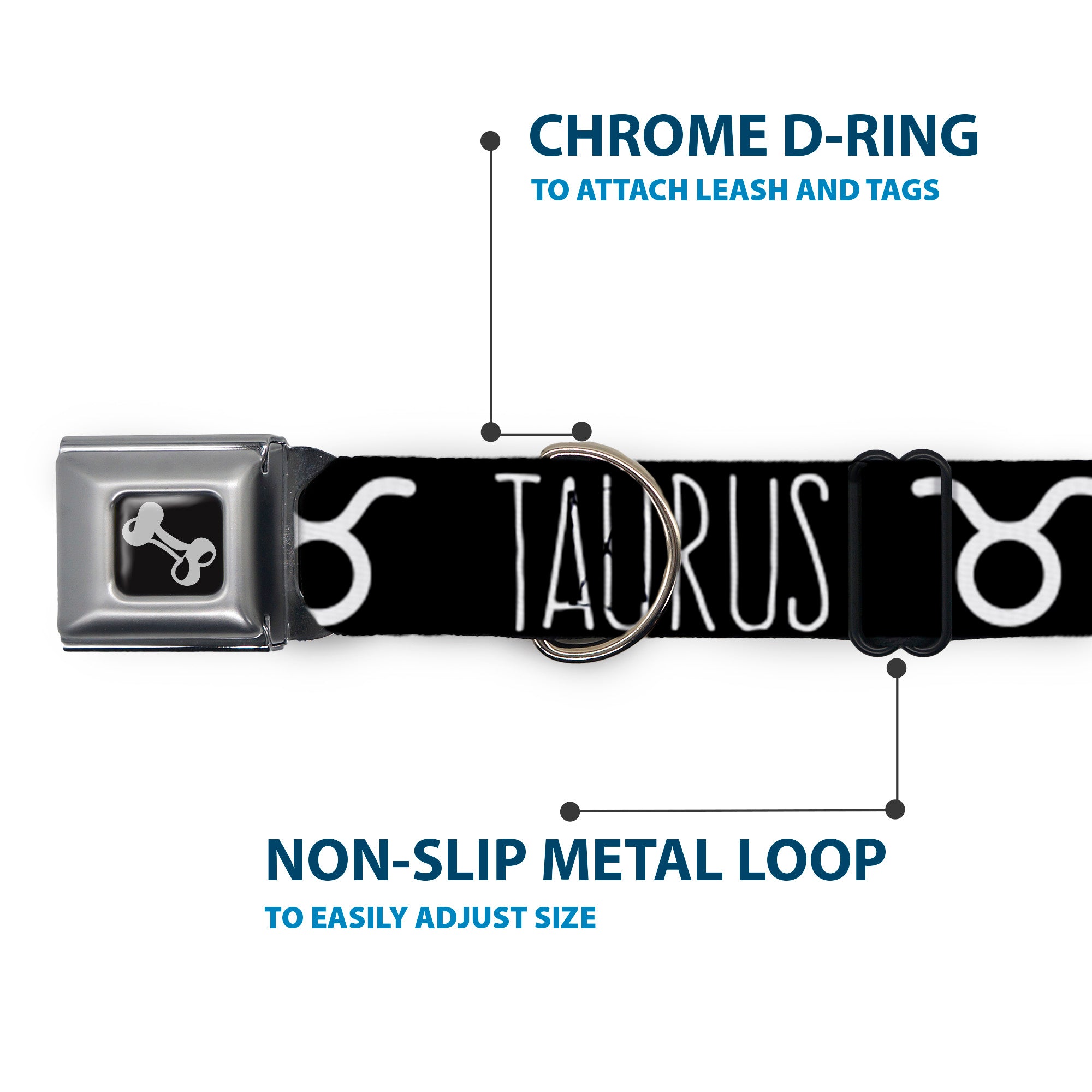 Dog Bone Seatbelt Buckle Collar - Zodiac TAURUS/Symbol Black/White