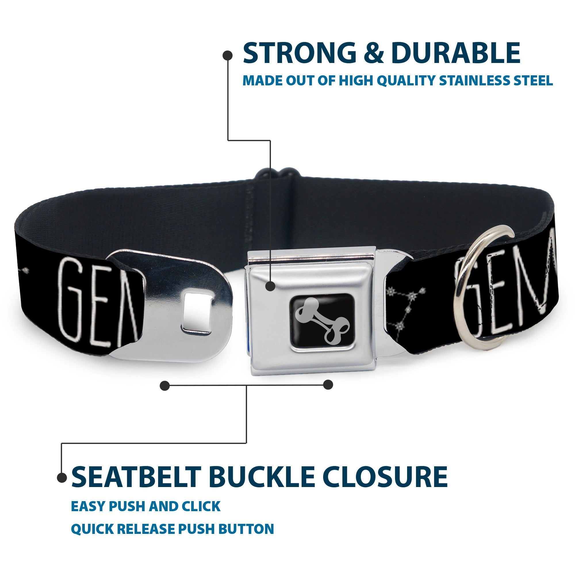 Dog Bone Seatbelt Buckle Collar - Zodiac GEMINI/Constellation Black/White