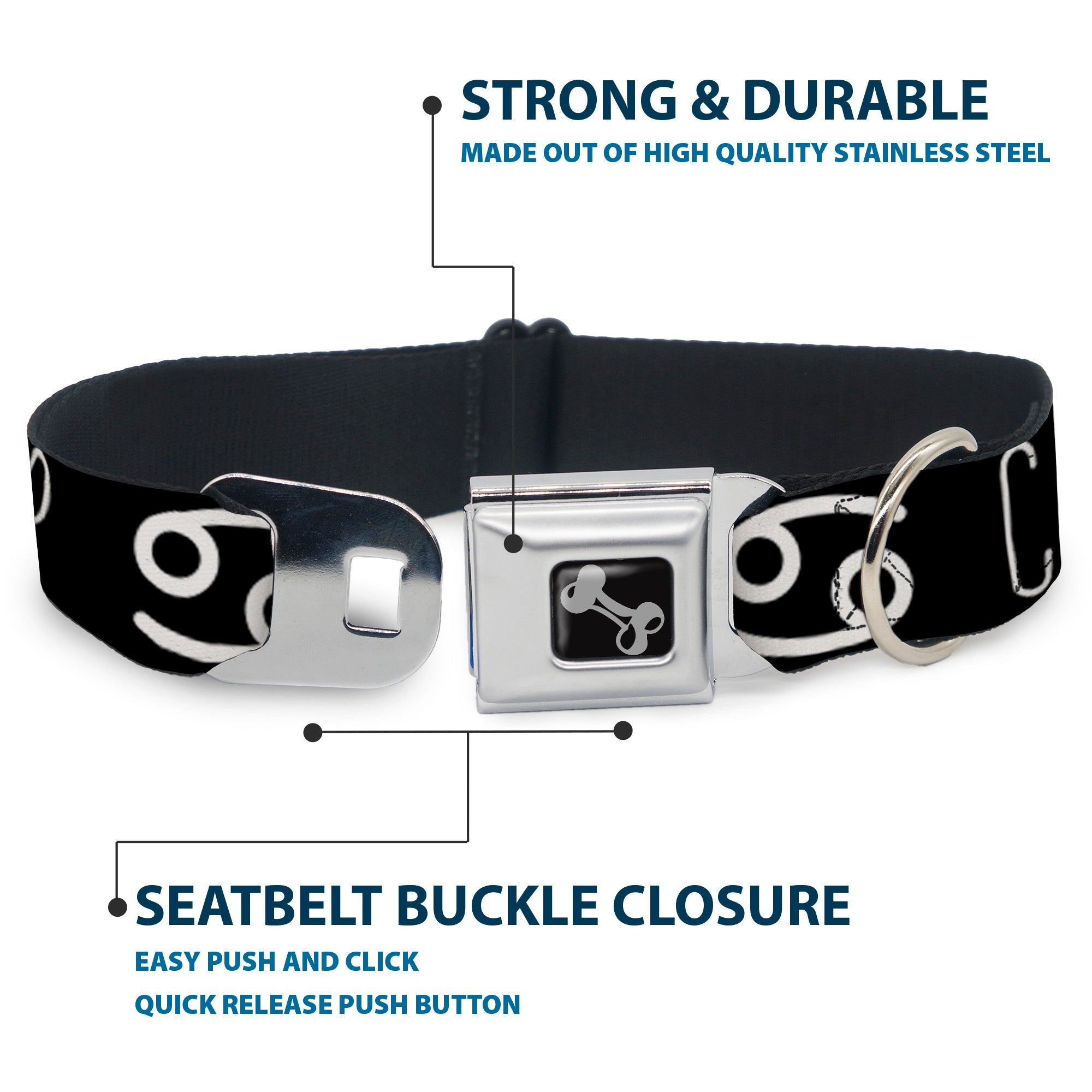 Dog Bone Seatbelt Buckle Collar - Zodiac CANCER/Symbol Black/White