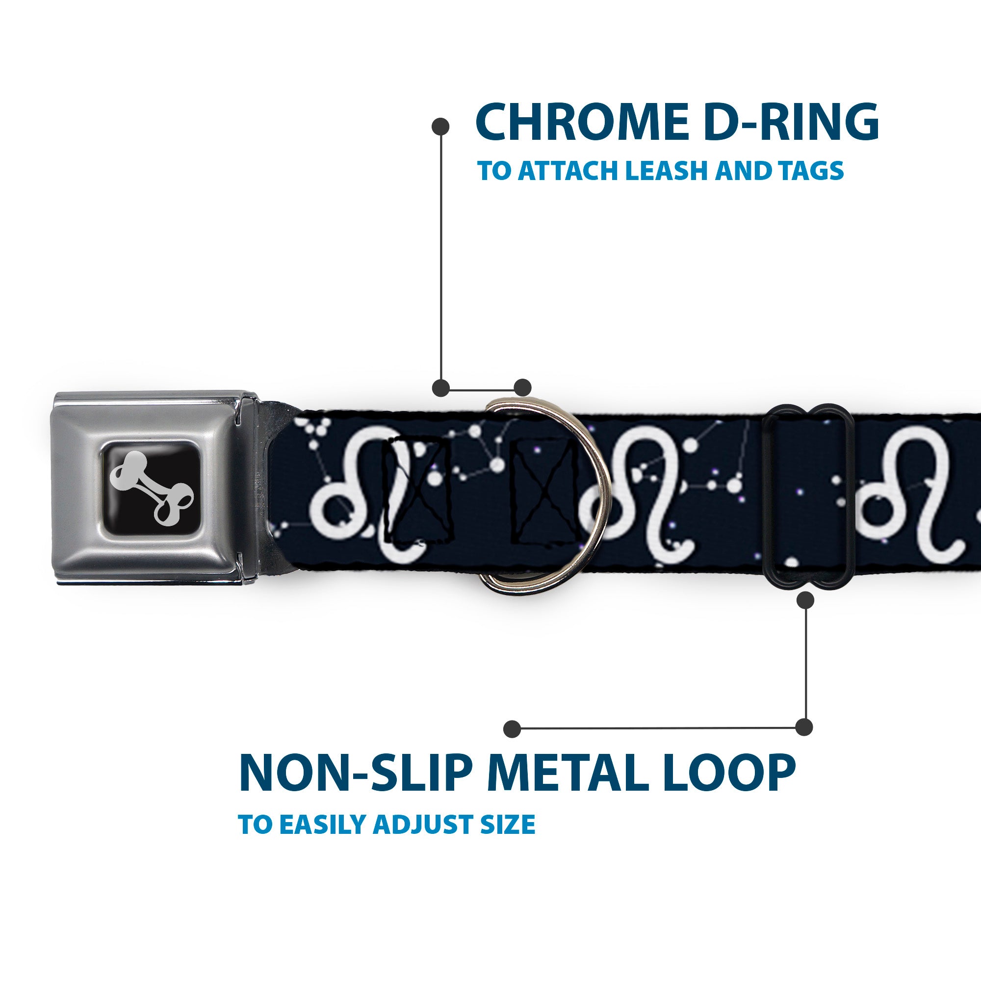 Dog Bone Seatbelt Buckle Collar - Zodiac Leo Symbol/Constellations Black/White