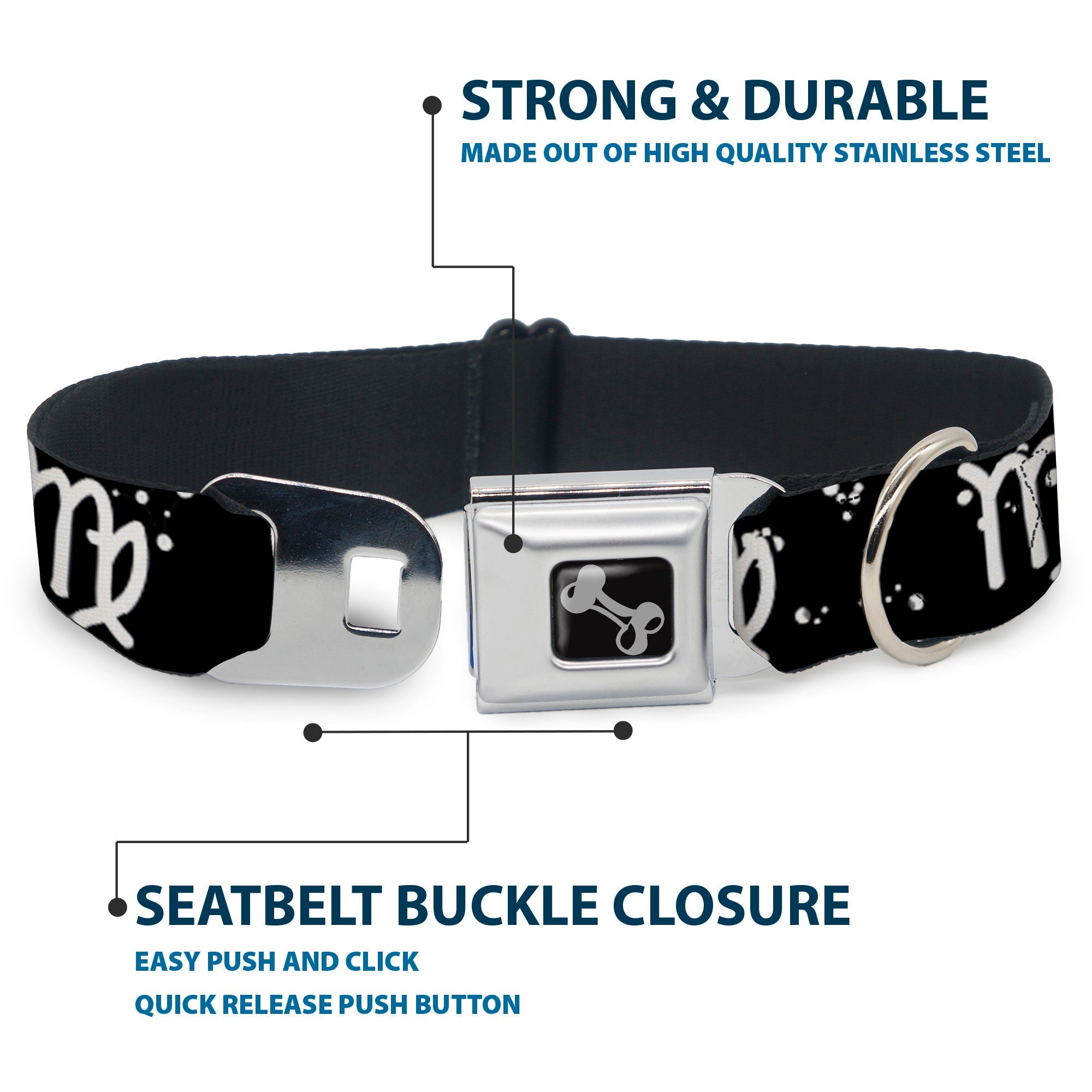 Dog Bone Seatbelt Buckle Collar - Zodiac Virgo Symbol/Constellations Black/White