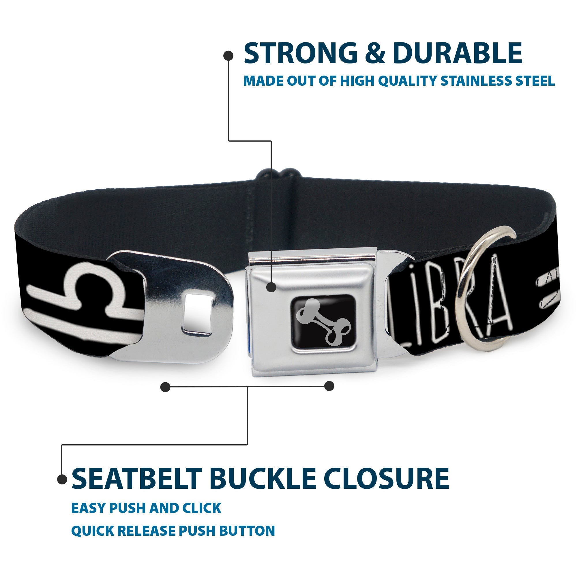 Dog Bone Seatbelt Buckle Collar - Zodiac LIBRA/Symbol Black/White
