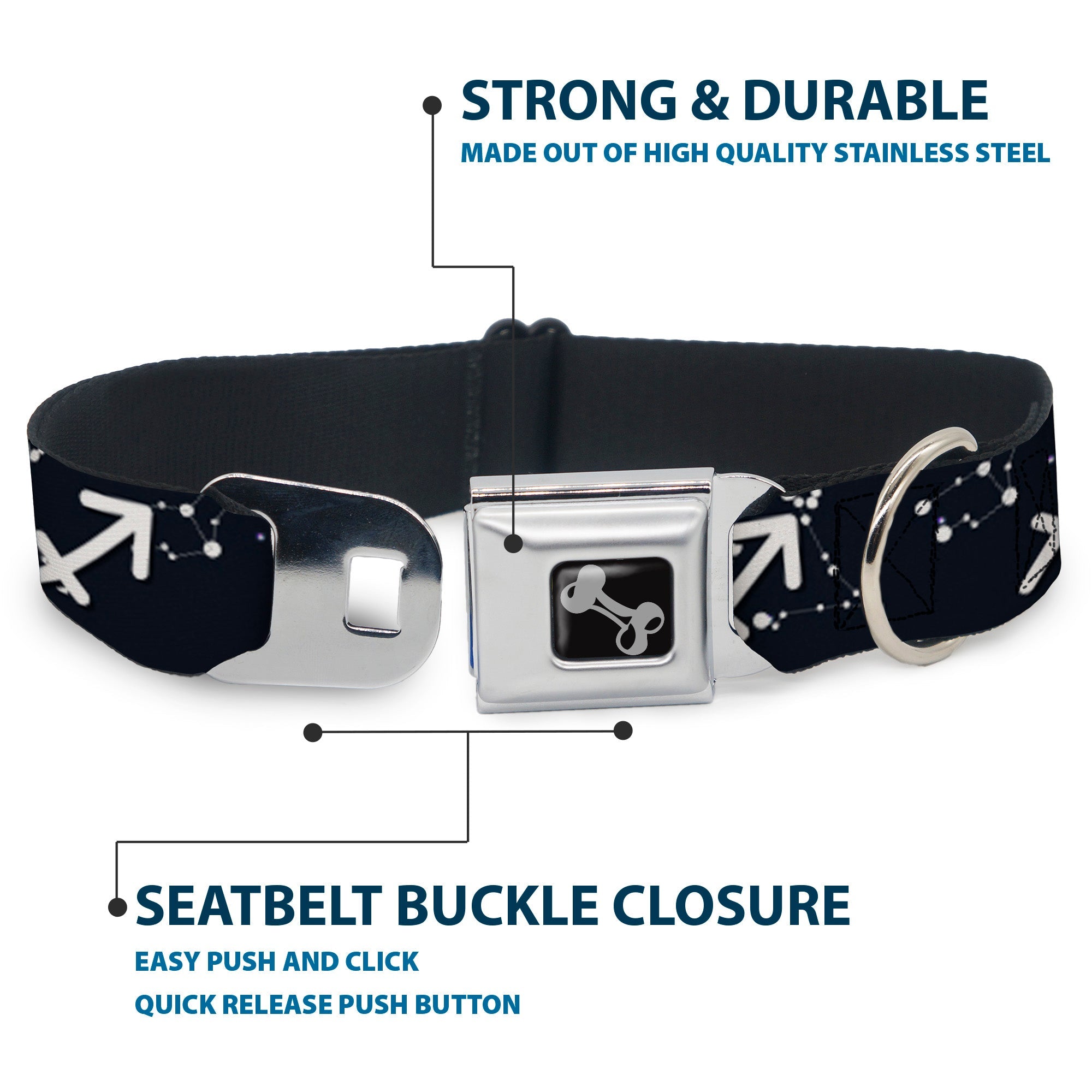 Dog Bone Black/Silver Seatbelt Buckle Collar - Zodiac Sagittarius Symbol/Constellations Black/White