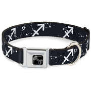Dog Bone Black/Silver Seatbelt Buckle Collar - Zodiac Sagittarius Symbol/Constellations Black/White