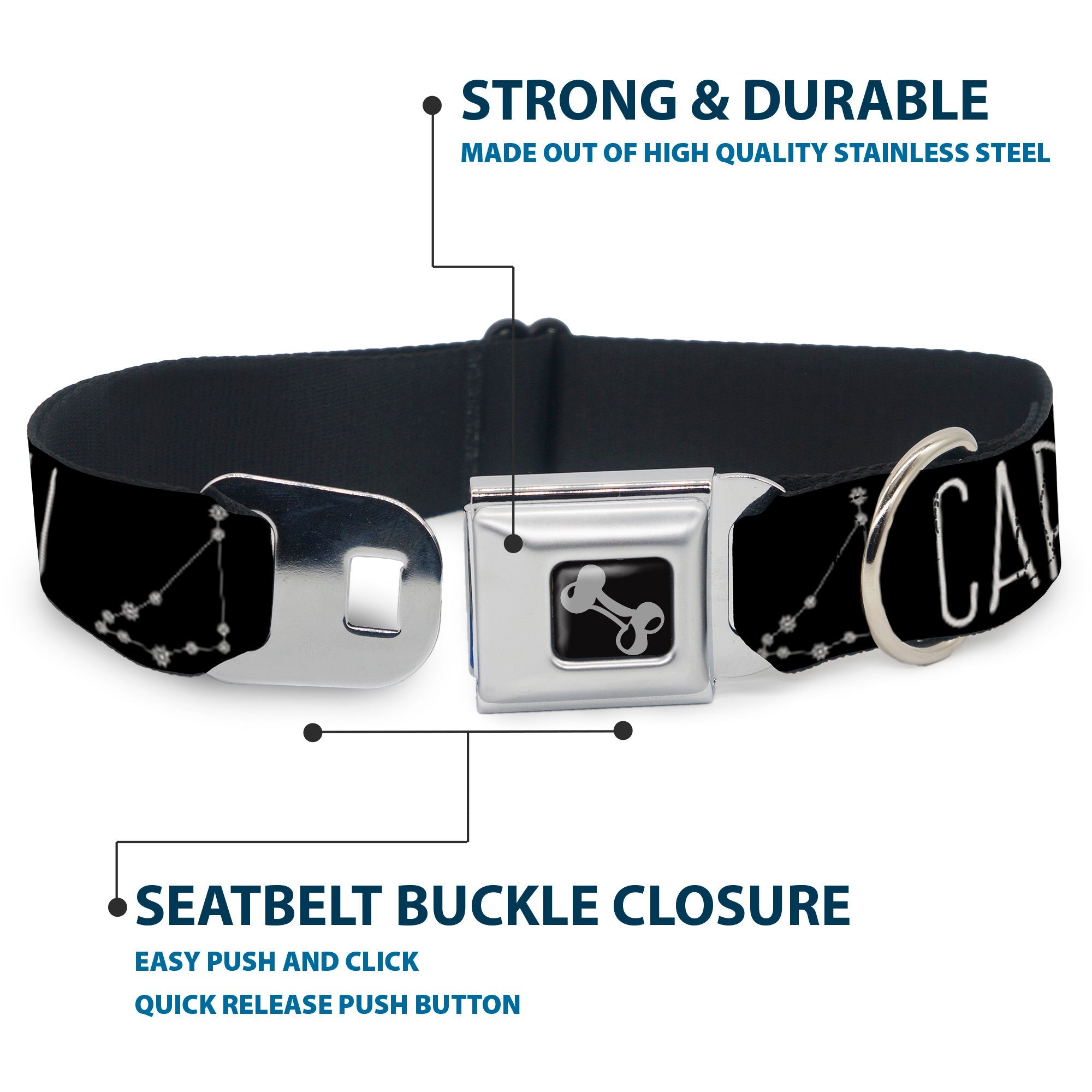 Dog Bone Black/Silver Seatbelt Buckle Collar - Zodiac CAPRICORN/Constellation Black/White
