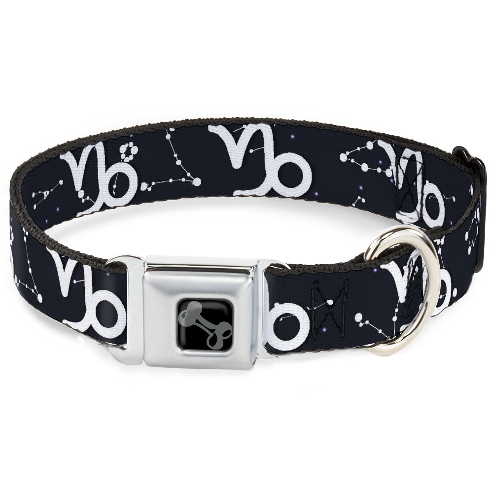 Dog Bone Black/Silver Seatbelt Buckle Collar - Zodiac Capricorn Symbol/Constellations Black/White