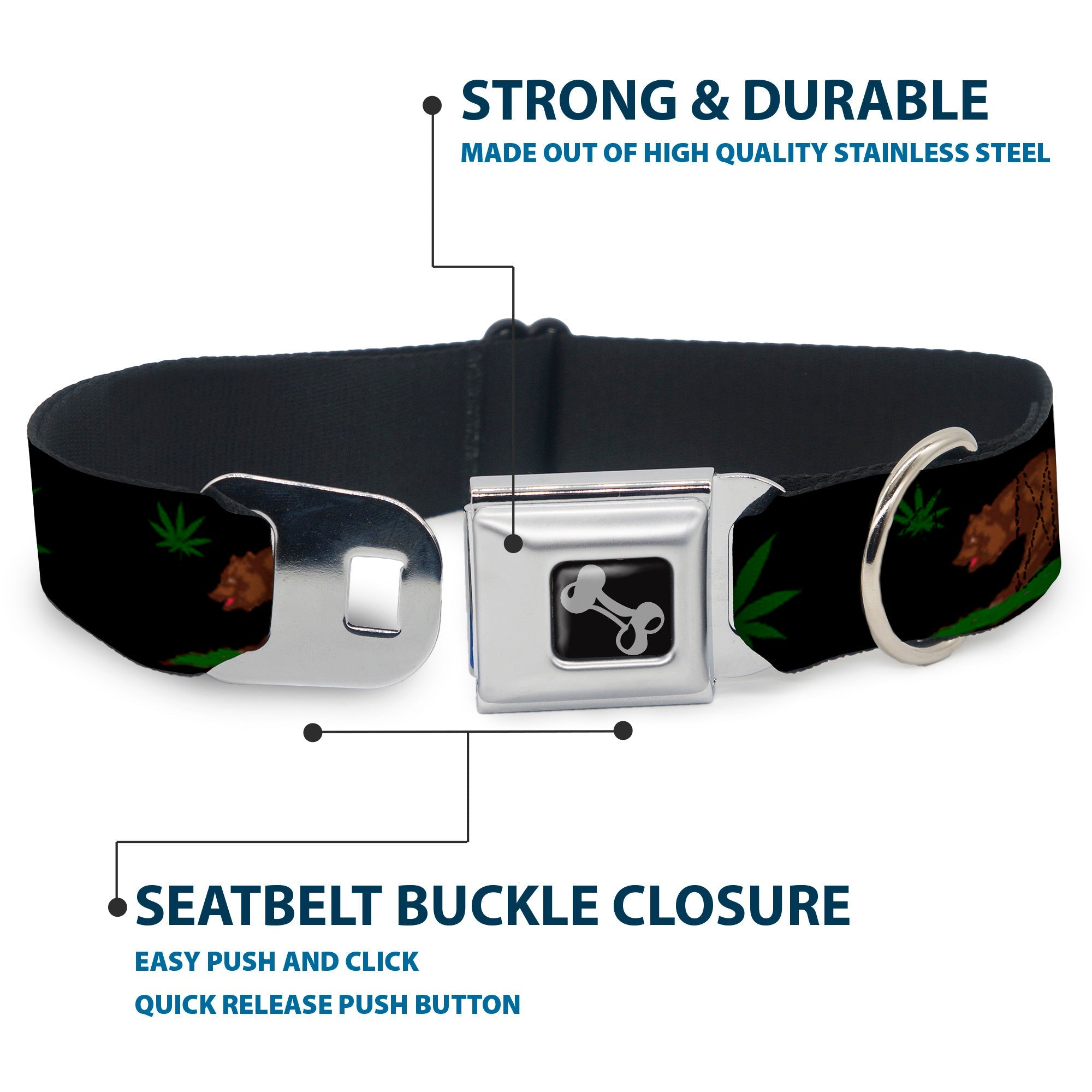 Dog Bone Seatbelt Buckle Collar - Cali Bear/Pot Leaf Black/Gray/Green