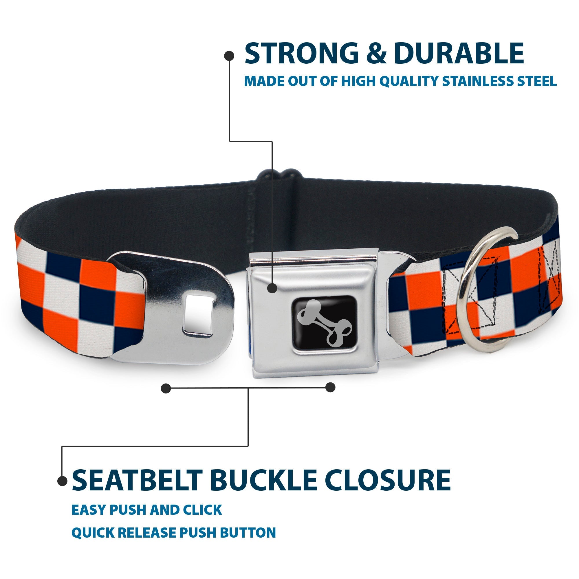Dog Bone Seatbelt Buckle Collar - Checker Navy/Orange/White