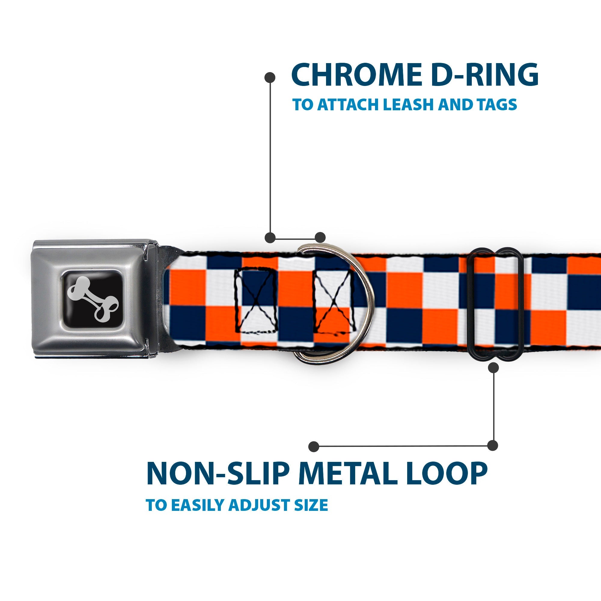 Dog Bone Seatbelt Buckle Collar - Checker Navy/Orange/White