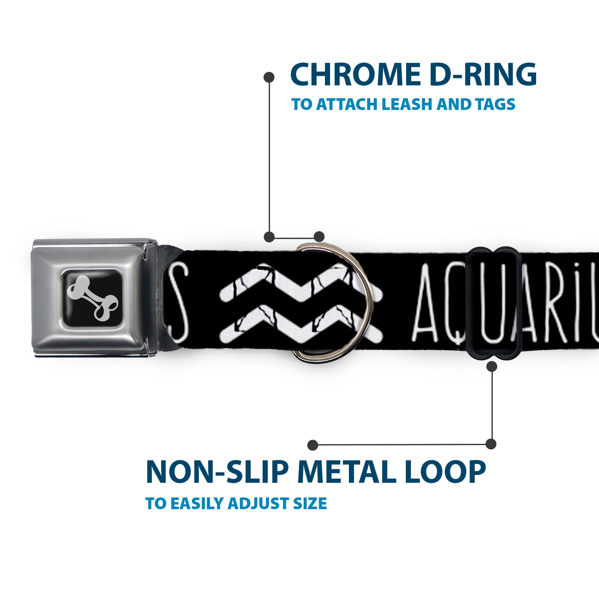 Dog Bone Seatbelt Buckle Collar - Zodiac AQUARIUS/Symbol Black/White