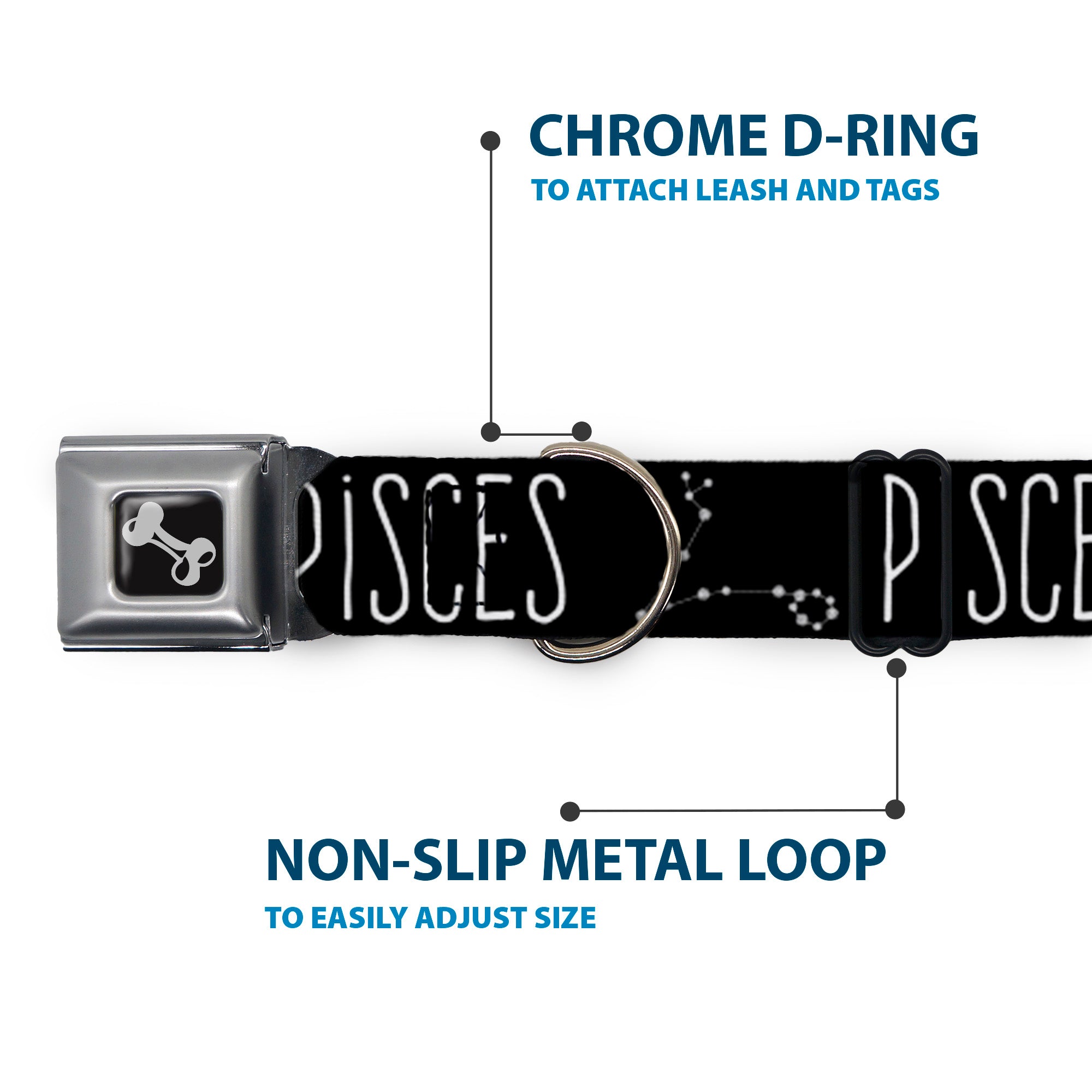 Dog Bone Black/Silver Seatbelt Buckle Collar - Zodiac PISCES/Constellation Black/White