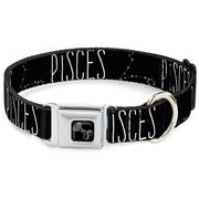 Dog Bone Black/Silver Seatbelt Buckle Collar - Zodiac PISCES/Constellation Black/White