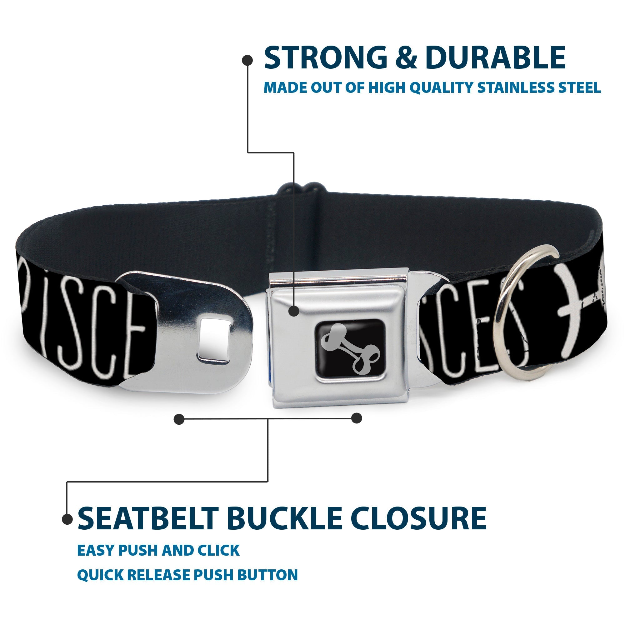 Dog Bone Seatbelt Buckle Collar - Zodiac PISCES/Symbol Black/White