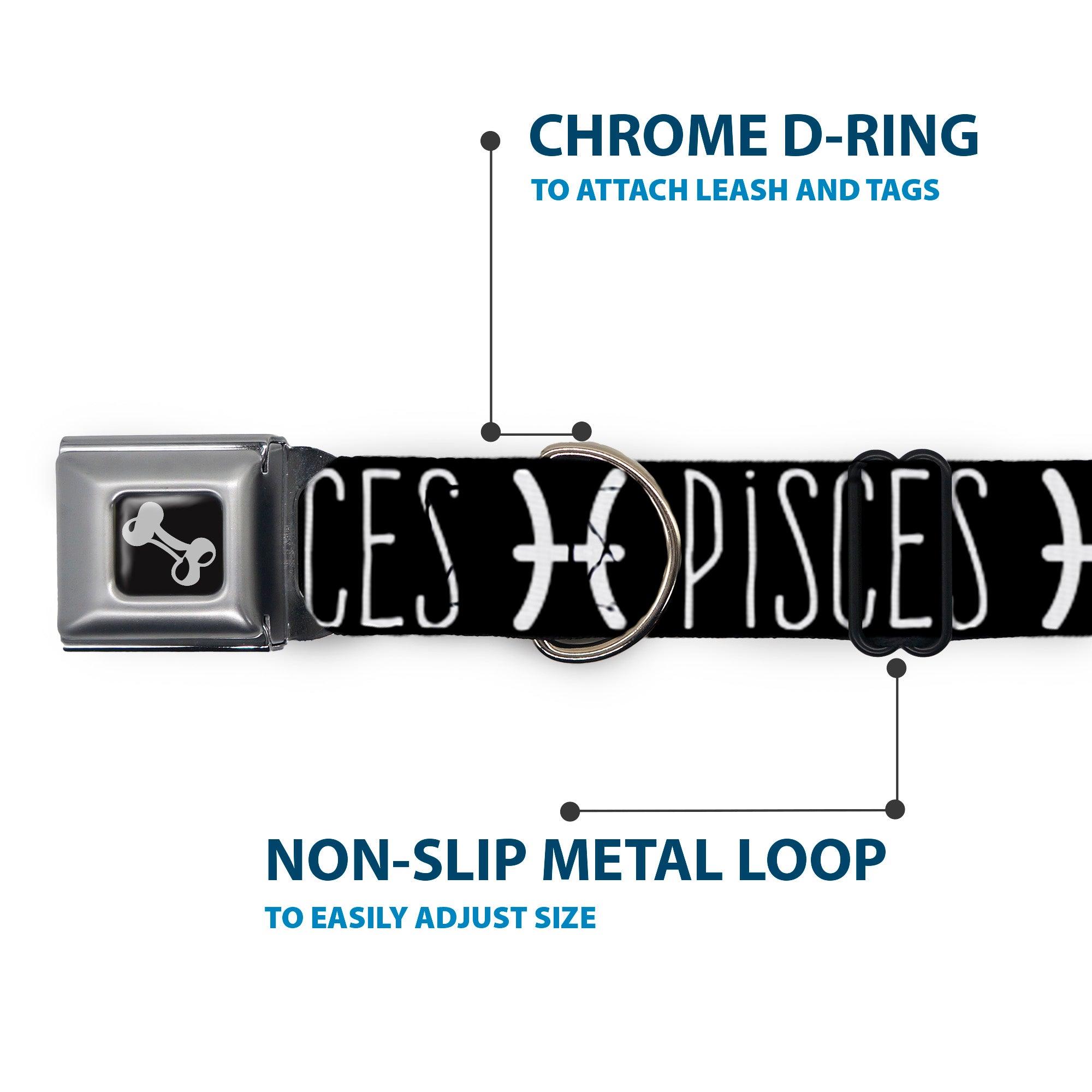 Dog Bone Seatbelt Buckle Collar - Zodiac PISCES/Symbol Black/White