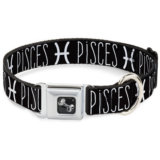 Dog Bone Seatbelt Buckle Collar - Zodiac PISCES/Symbol Black/White