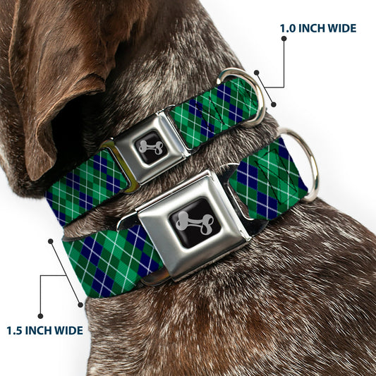 Dog Bone Black/Silver Seatbelt Buckle Collar - Argyle Green/Navy/Green/White