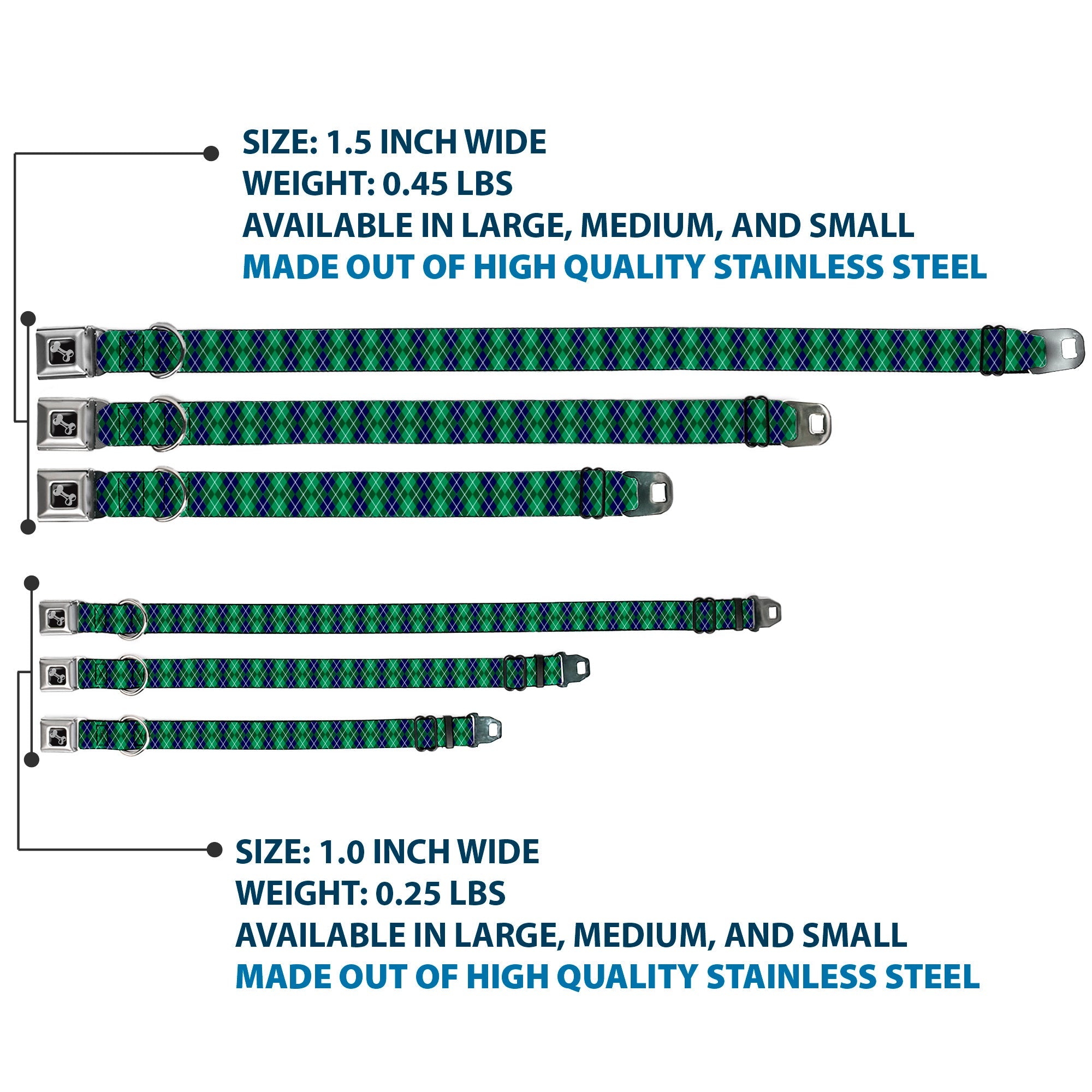 Dog Bone Black/Silver Seatbelt Buckle Collar - Argyle Green/Navy/Green/White