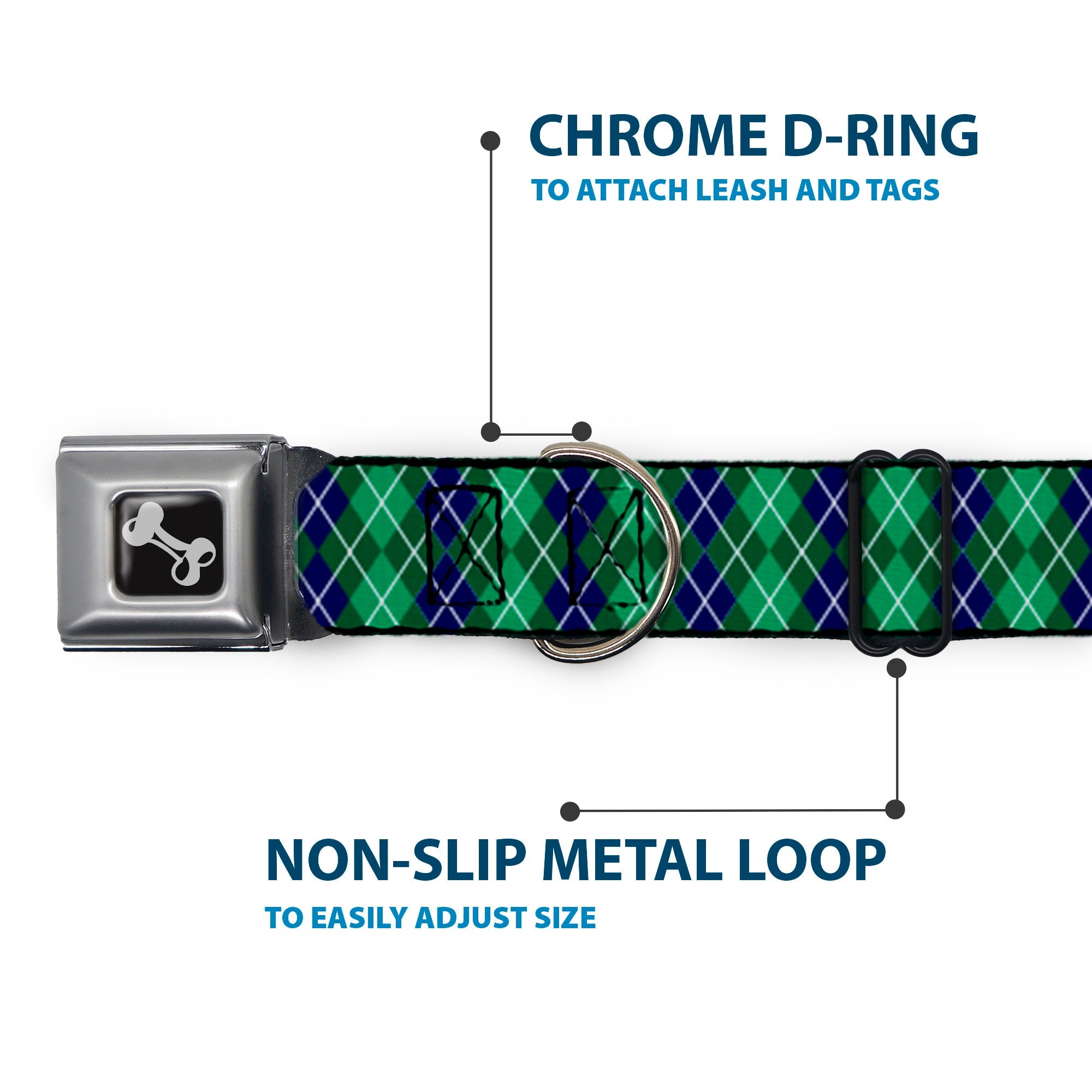 Dog Bone Black/Silver Seatbelt Buckle Collar - Argyle Green/Navy/Green/White