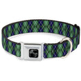 Load image into Gallery viewer, Dog Bone Black/Silver Seatbelt Buckle Collar - Argyle Green/Navy/Green/White
