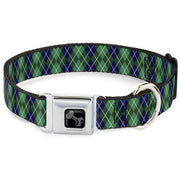 Dog Bone Black/Silver Seatbelt Buckle Collar - Argyle Green/Navy/Green/White