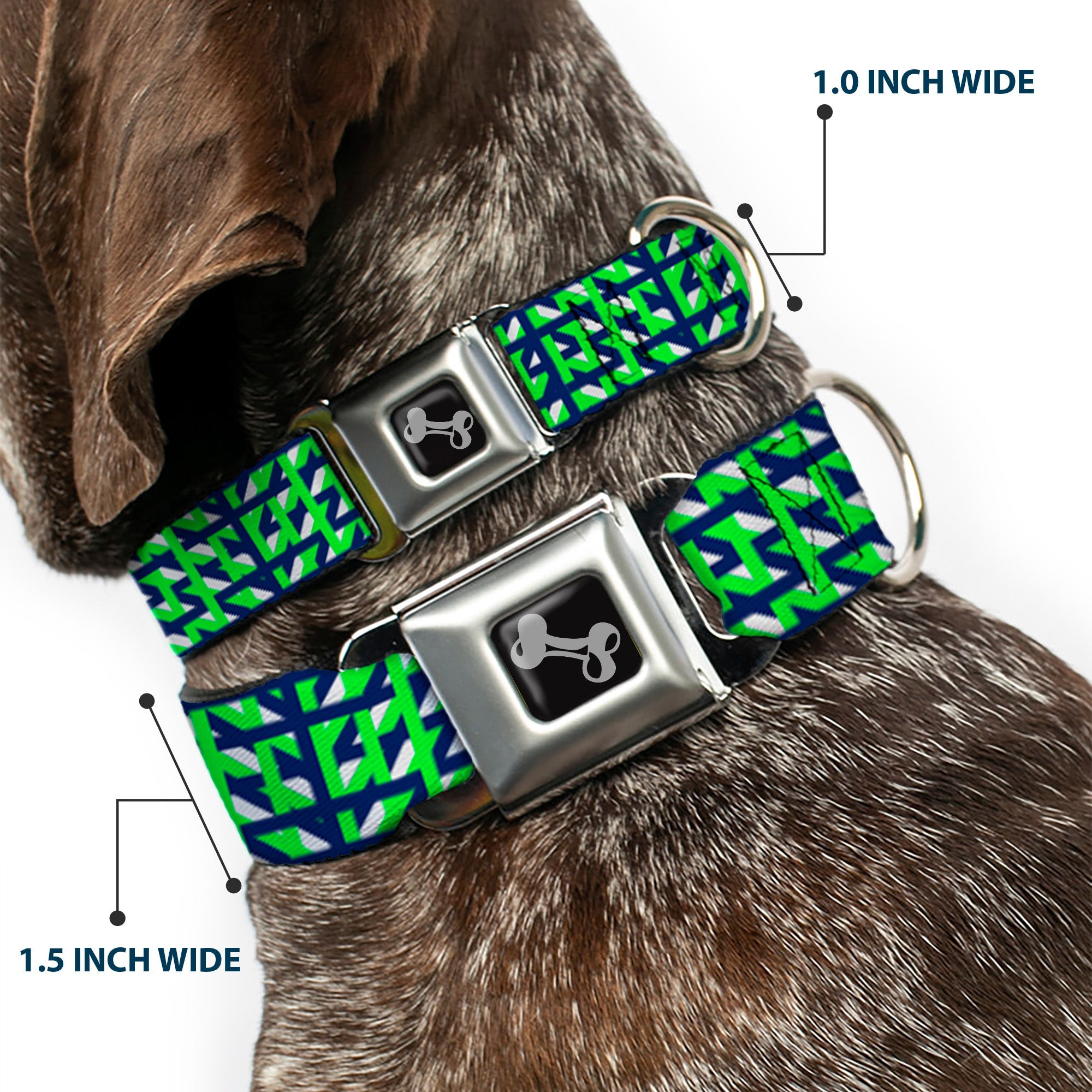 Dog Bone Black/Silver Seatbelt Buckle Collar - Abstract Plaid White/Navy/Neon Green
