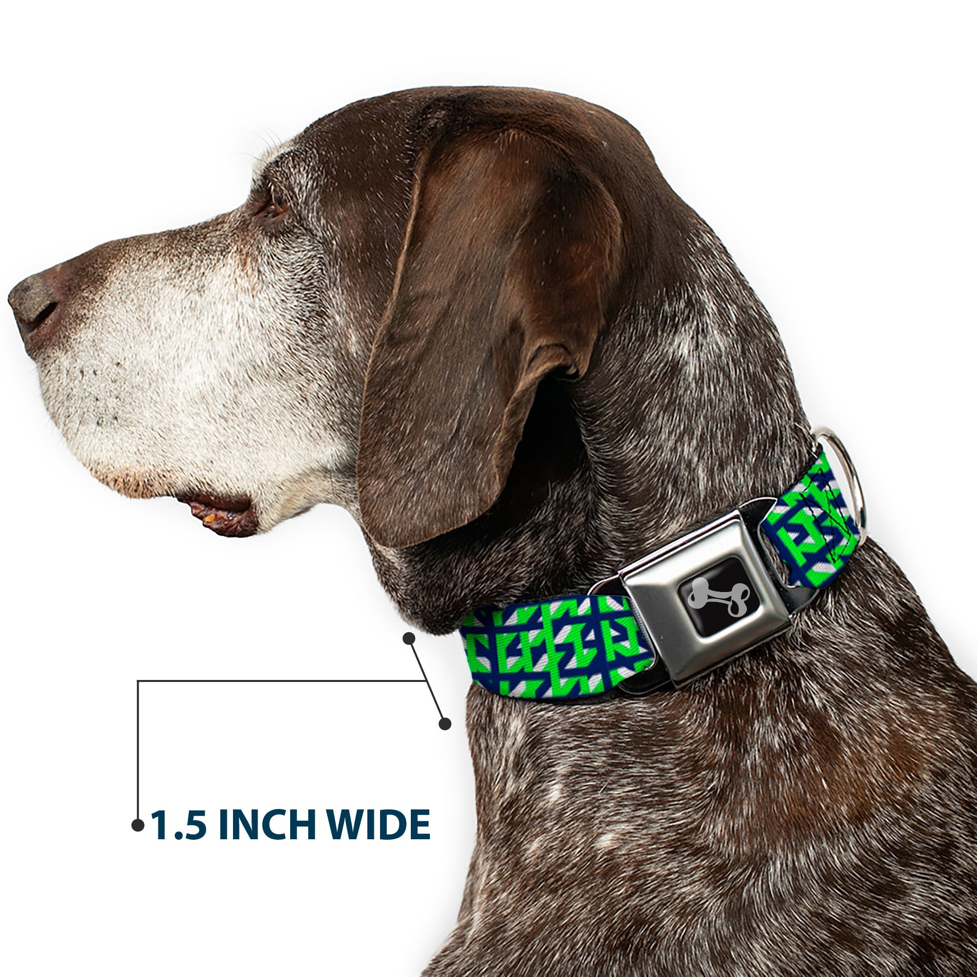 Dog Bone Black/Silver Seatbelt Buckle Collar - Abstract Plaid White/Navy/Neon Green
