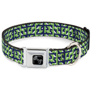 Dog Bone Black/Silver Seatbelt Buckle Collar - Abstract Plaid White/Navy/Neon Green