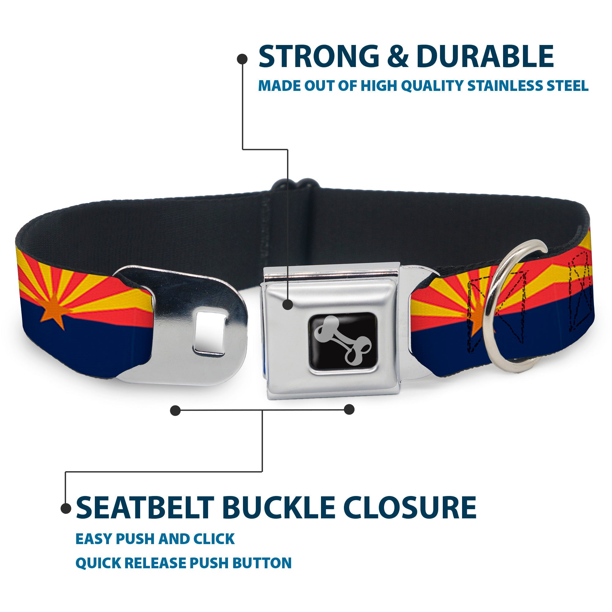 Dog Bone Black/Silver Seatbelt Buckle Collar - Arizona Flag Red/Yellow/Gold/Blue