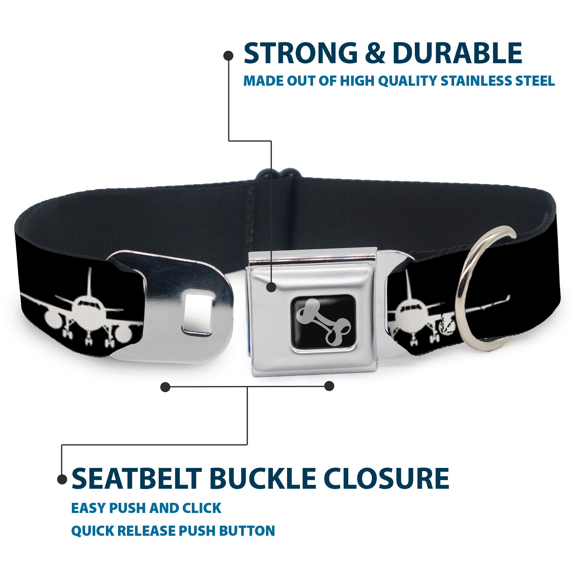 Dog Bone Black/Silver Seatbelt Buckle Collar - Airplane Silhouette Black/White