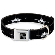 Dog Bone Black/Silver Seatbelt Buckle Collar - Airplane Silhouette Black/White