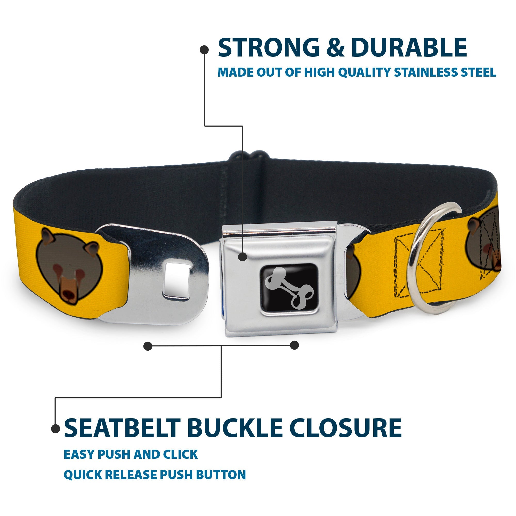 Dog Bone Seatbelt Buckle Collar - Brown Bear Repeat Yellow