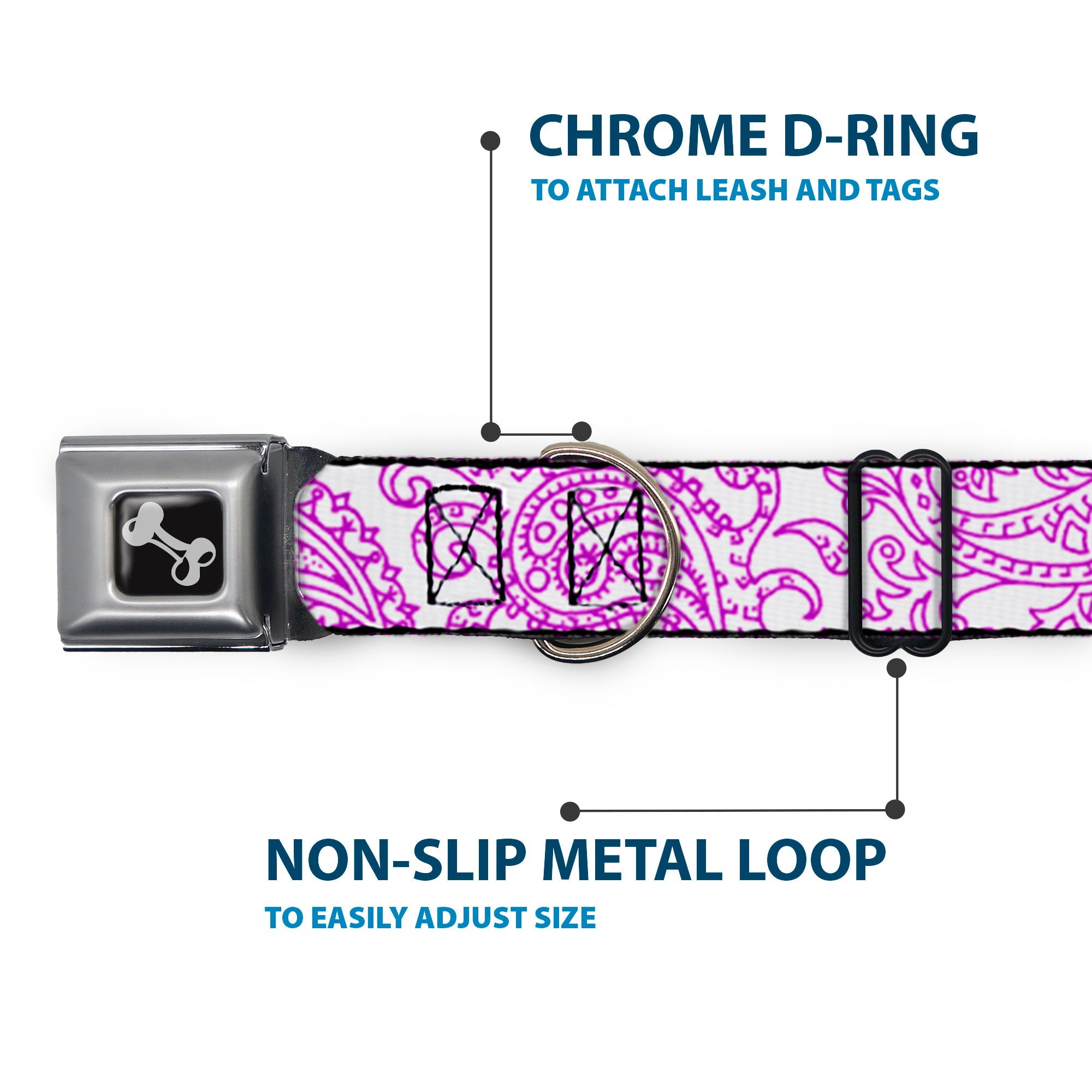 Dog Bone Seatbelt Buckle Collar - Bandana/Skulls White/Purple