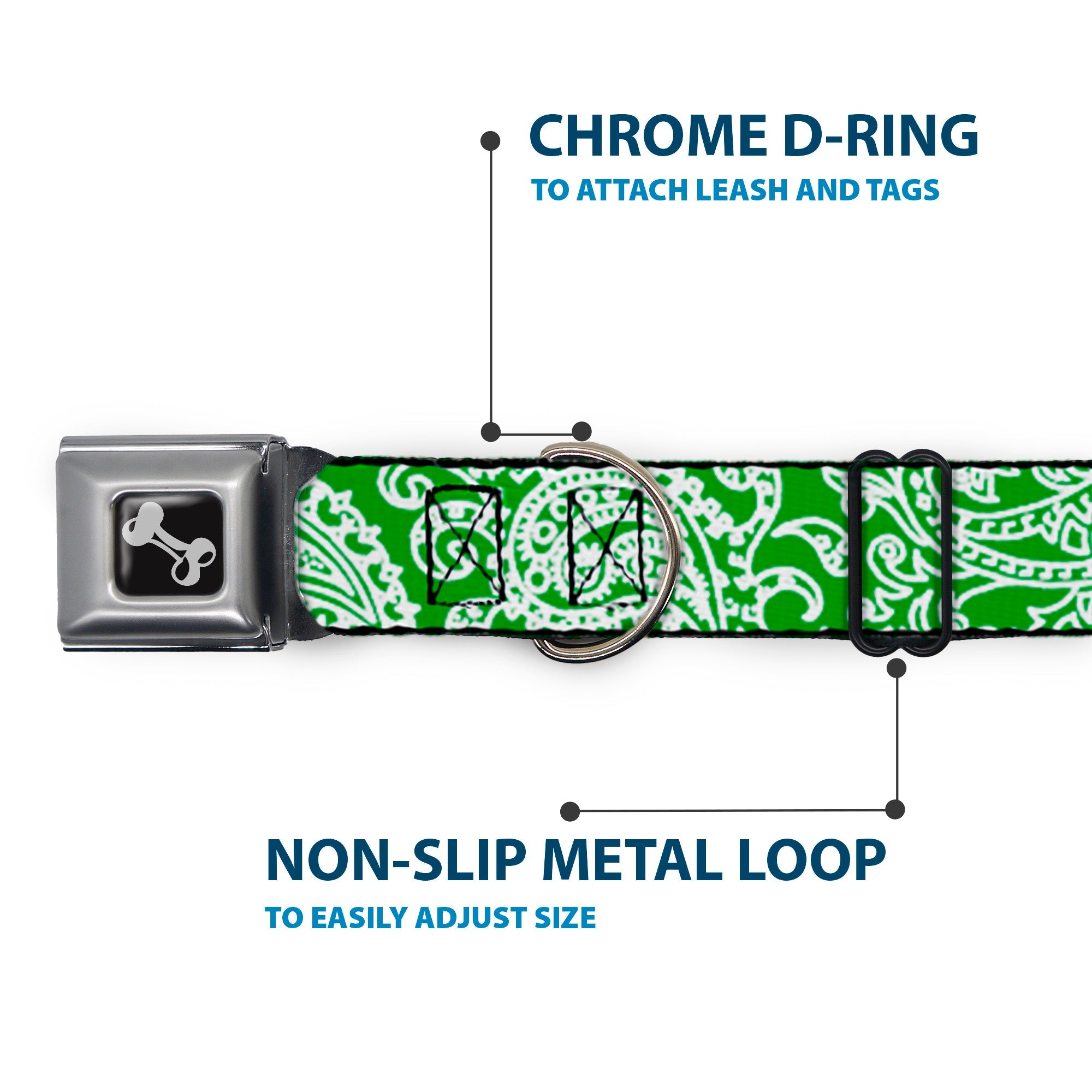 Dog Bone Seatbelt Buckle Collar - Bandana/Skulls Irish Green/White