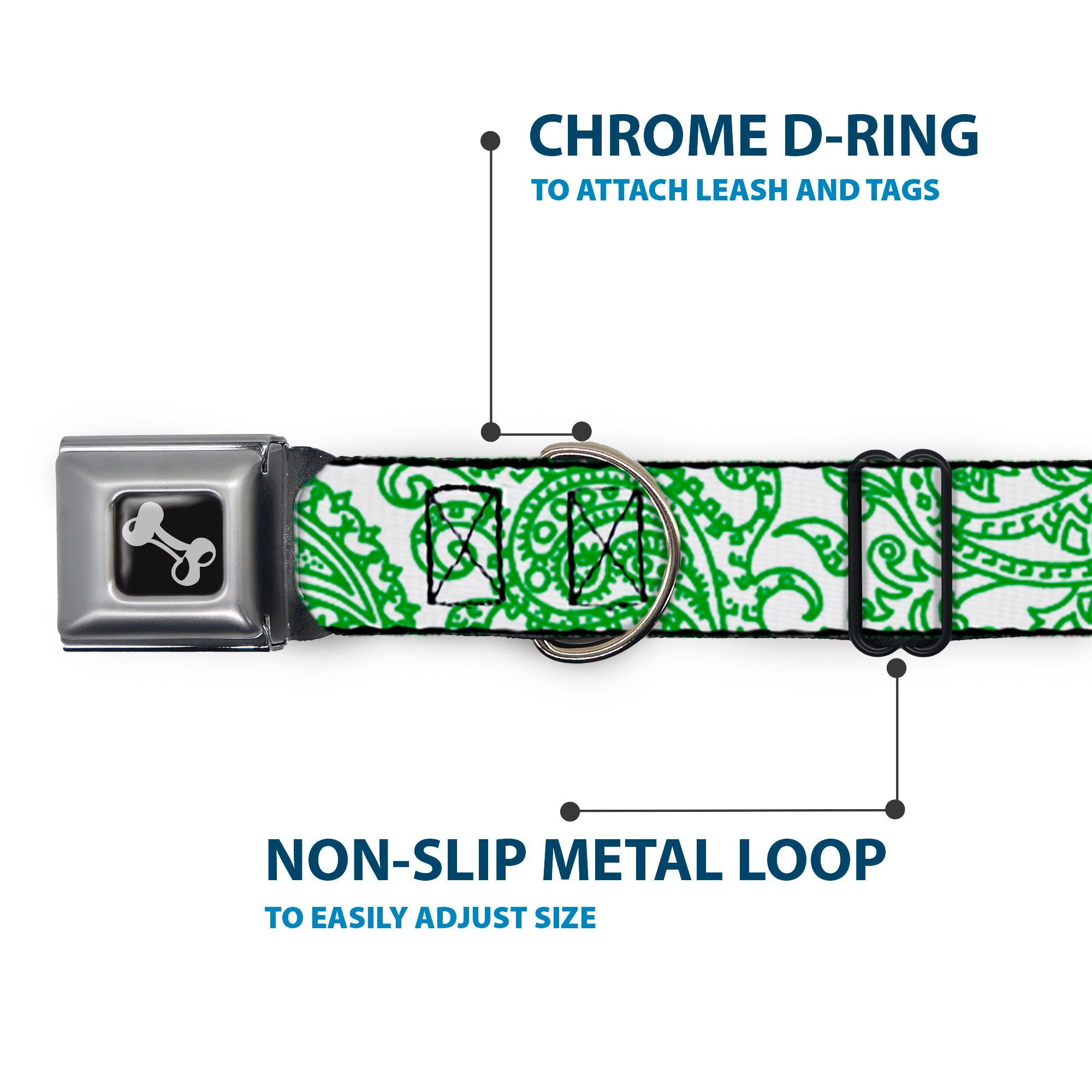 Dog Bone Seatbelt Buckle Collar - Bandana/Skulls White/Irish Green