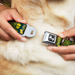 Dog Bone Seatbelt Buckle Collar - Bandana/Skulls Green/Gold