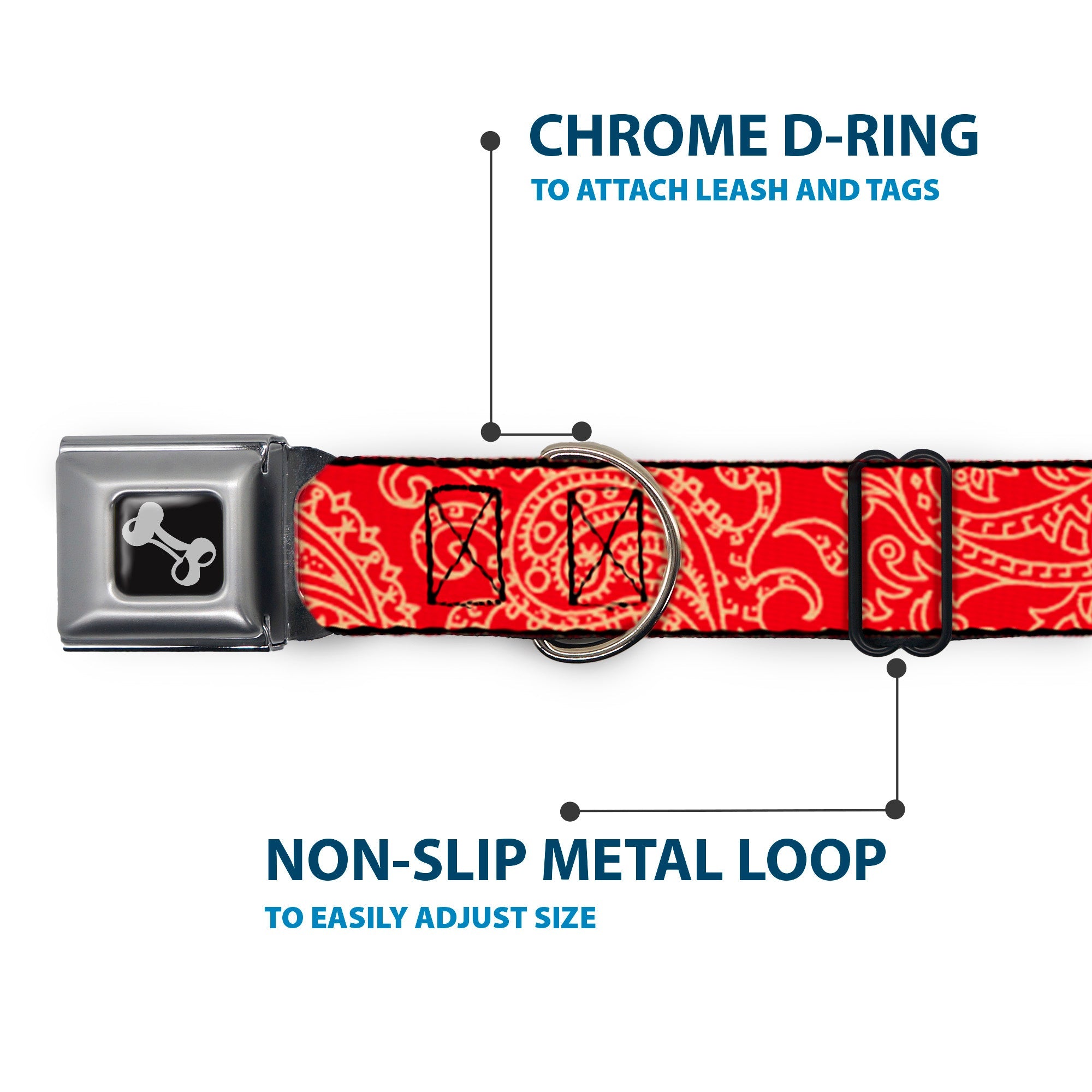 Dog Bone Seatbelt Buckle Collar - Bandana/Skulls Scarlet Red/Gold
