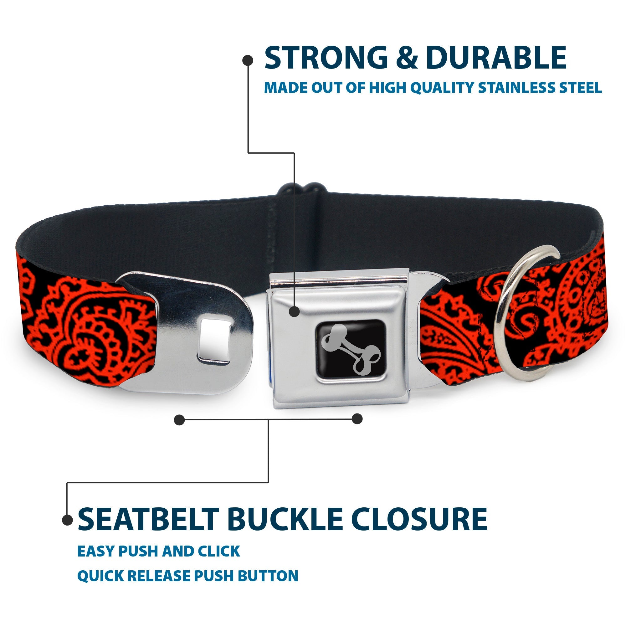 Dog Bone Seatbelt Buckle Collar - Bandana/Skulls Black/Orange