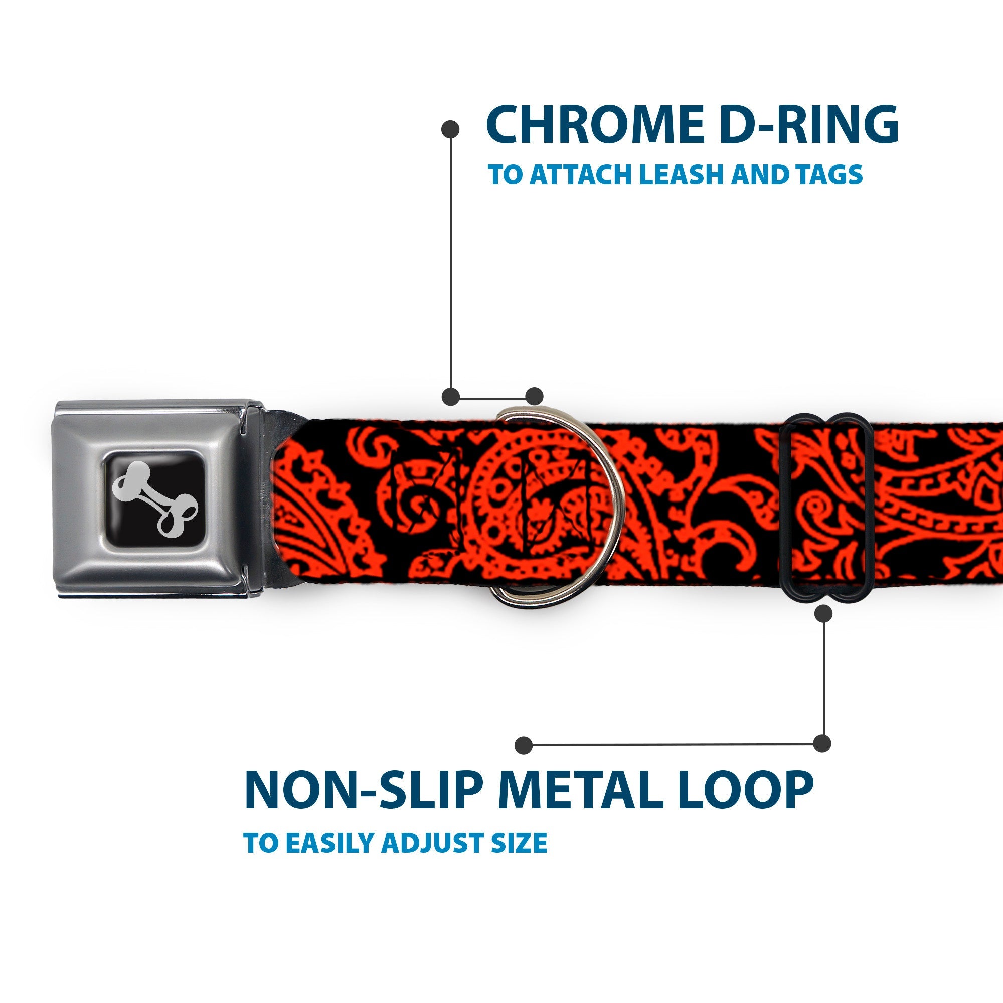 Dog Bone Seatbelt Buckle Collar - Bandana/Skulls Black/Orange