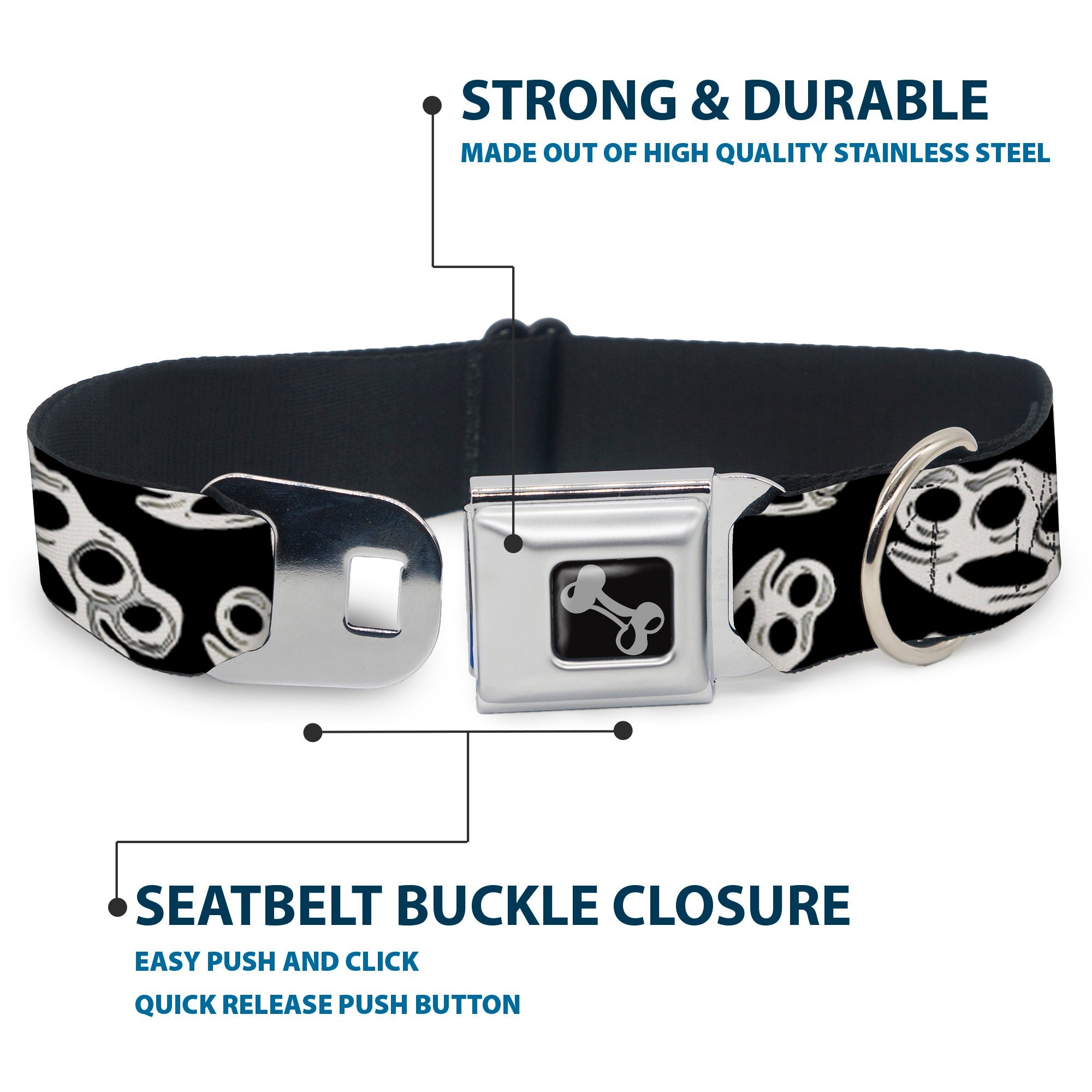 Buckle-Down Seatbelt Buckle Dog Collar - Brass Knuckles Black/White