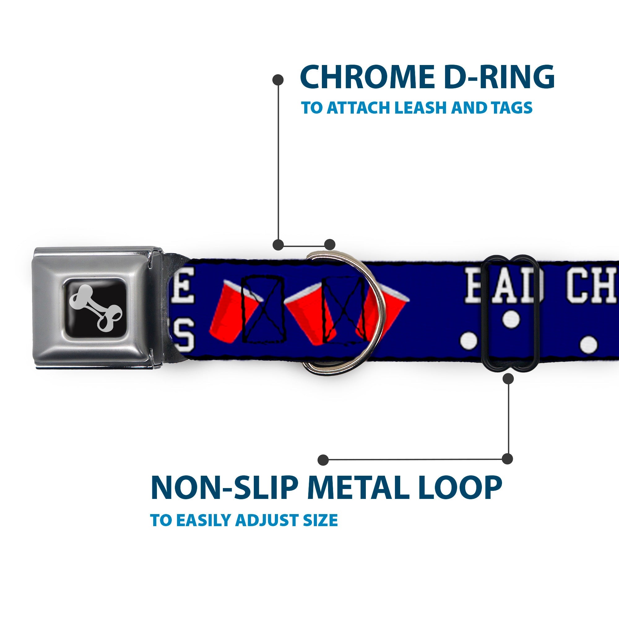 Buckle-Down Seatbelt Buckle Dog Collar - Beer Pong BAD CHOICES CREATE GOOD STORIES Blue/White/Red