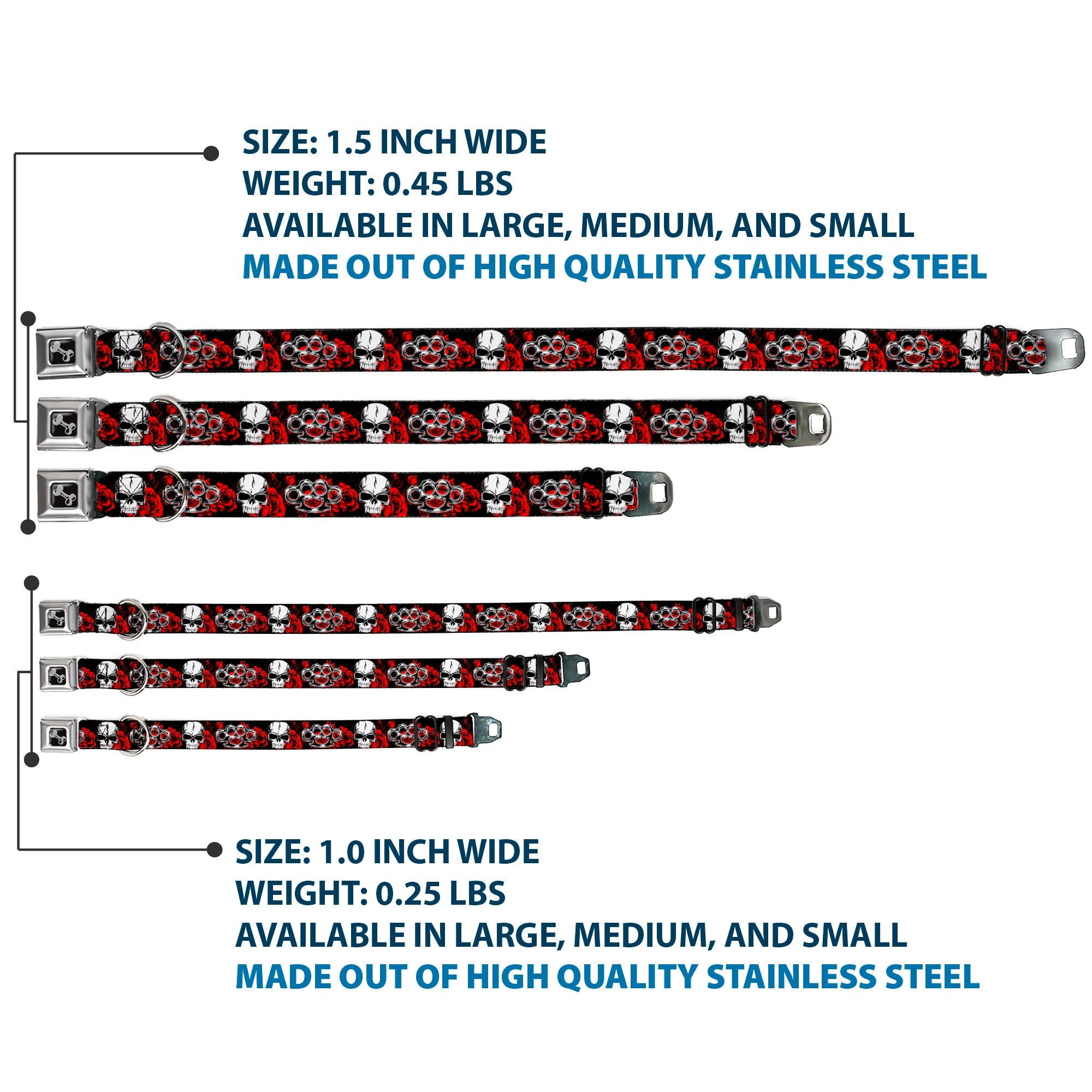 Buckle-Down Seatbelt Buckle Dog Collar - Brass Knuckles/Skulls/Roses Black/Red/White