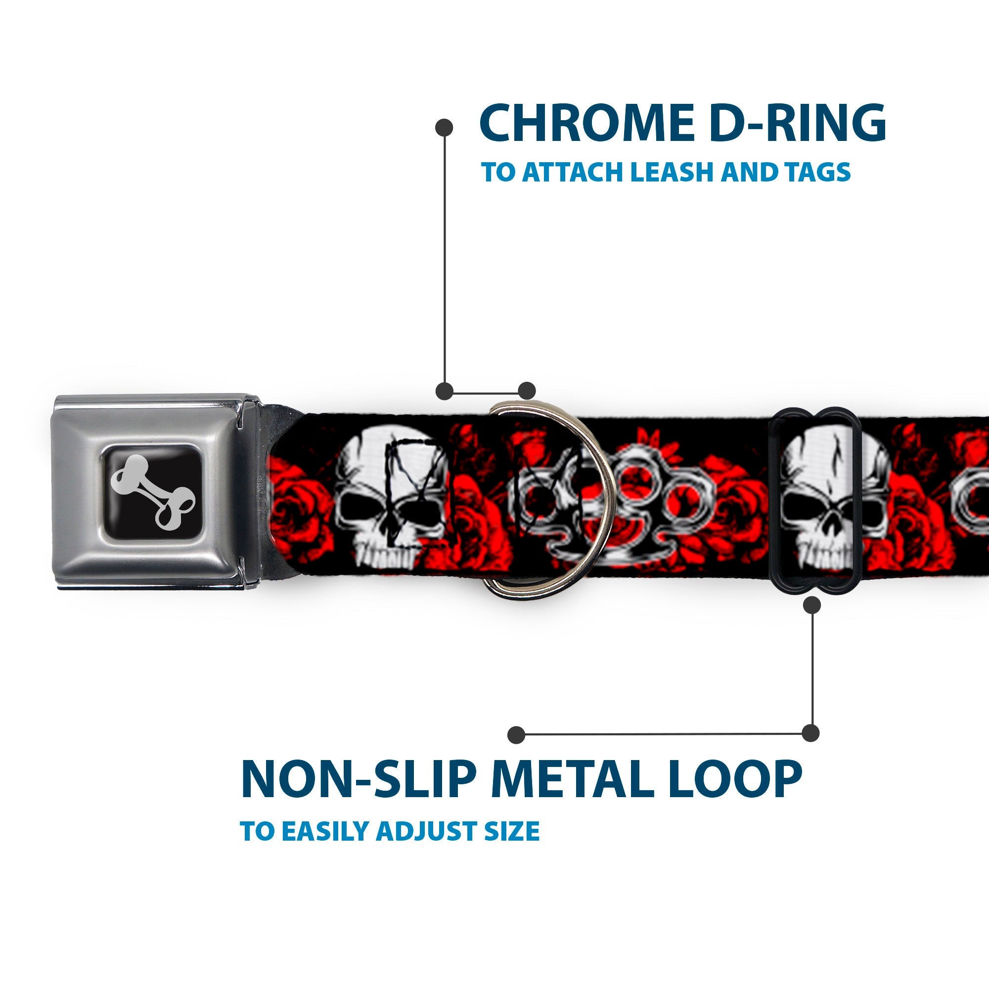 Buckle-Down Seatbelt Buckle Dog Collar - Brass Knuckles/Skulls/Roses Black/Red/White