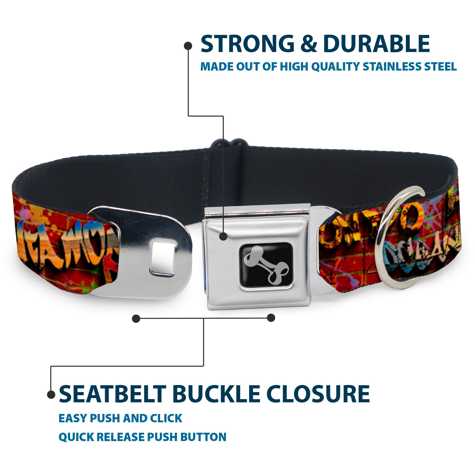 Dog Bone Seatbelt Buckle Collar - Beach Tags/Paint Splatter Brick Wall/Beach Scenes