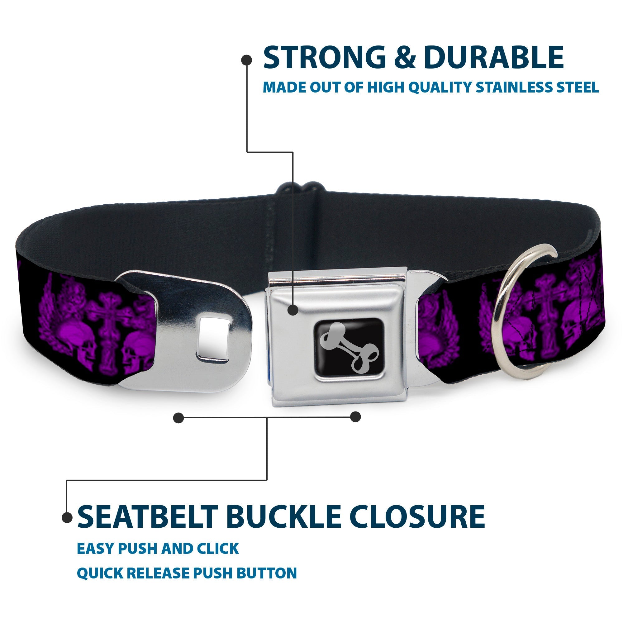 Dog Bone Seatbelt Buckle Collar - BD Skulls w/Wings Black/Purple