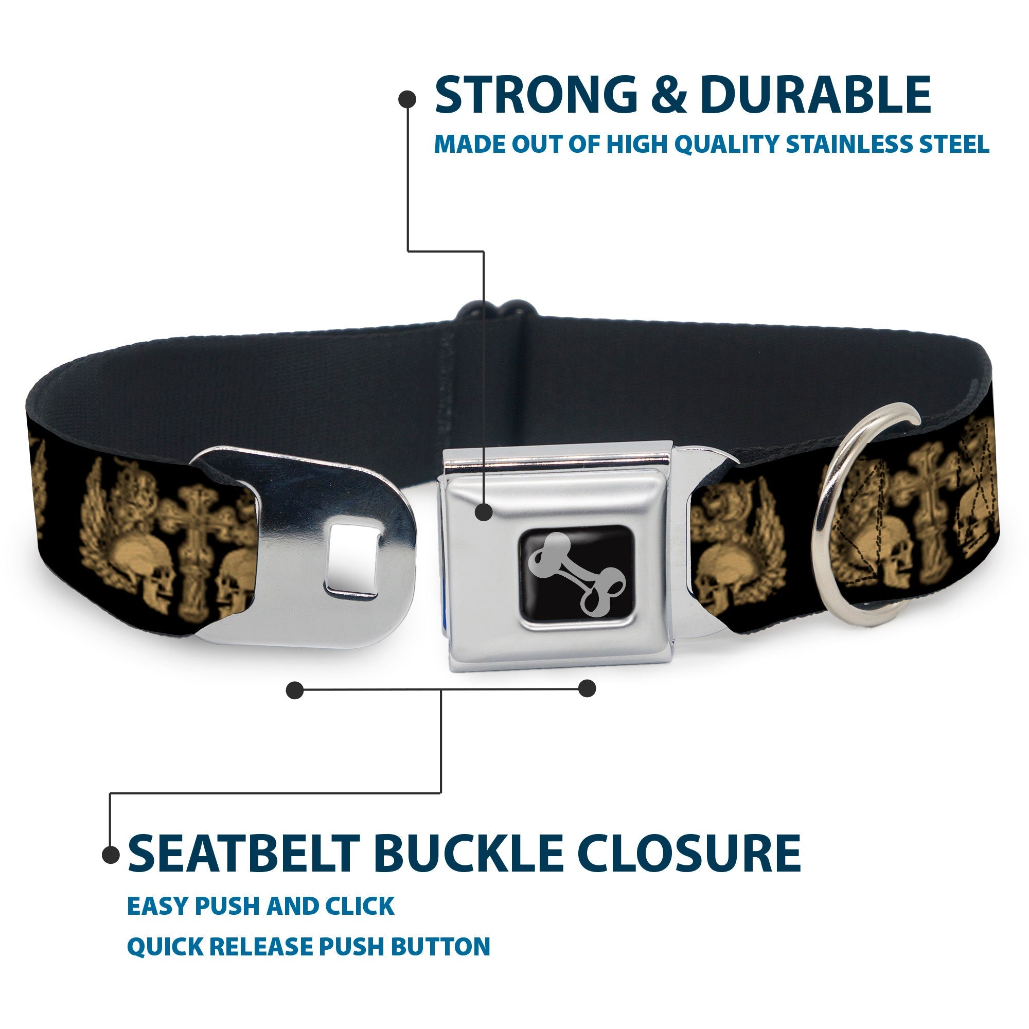 Dog Bone Seatbelt Buckle Collar - BD Skulls w/Wings Black/Tan