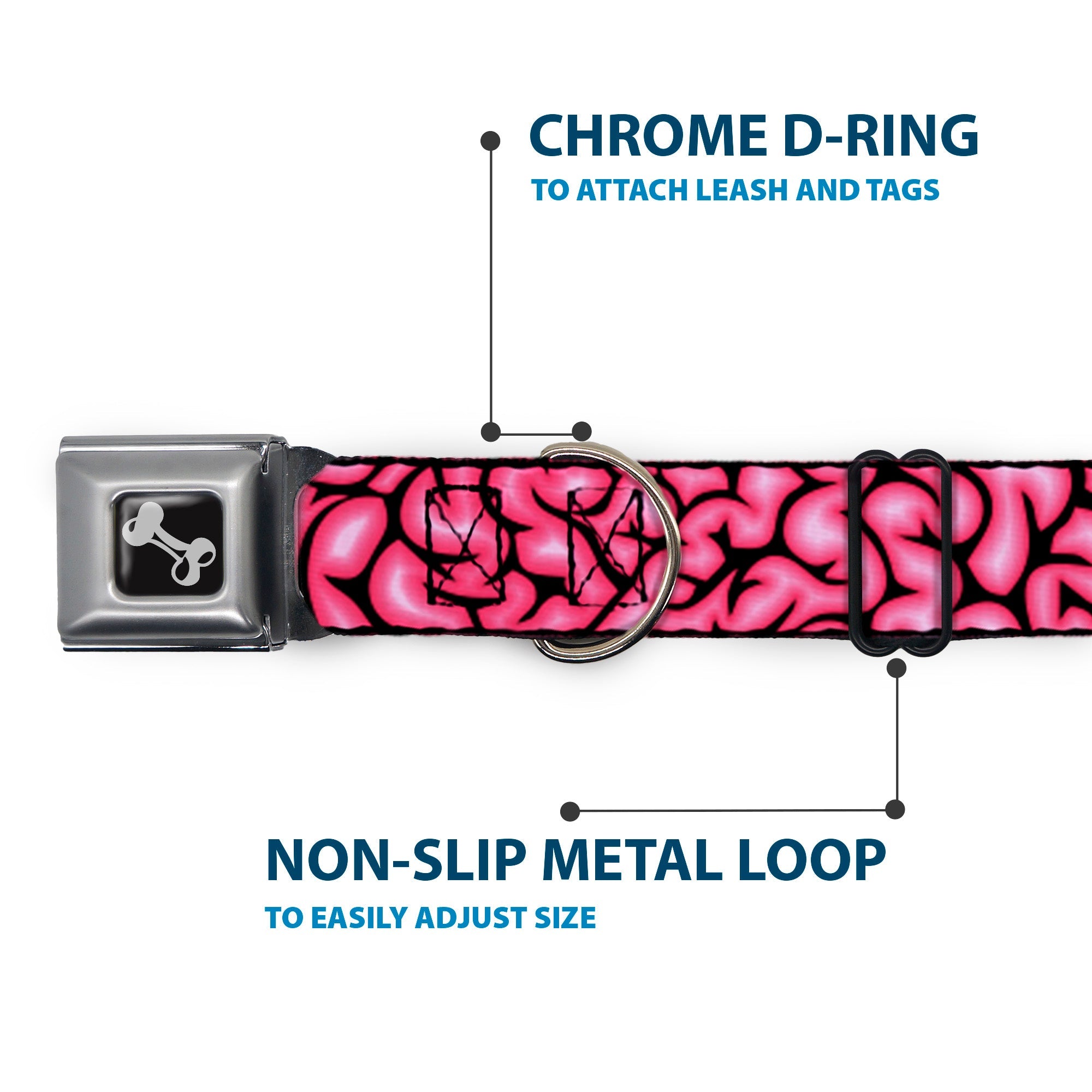 Dog Bone Seatbelt Buckle Collar - Brains Black/Pink